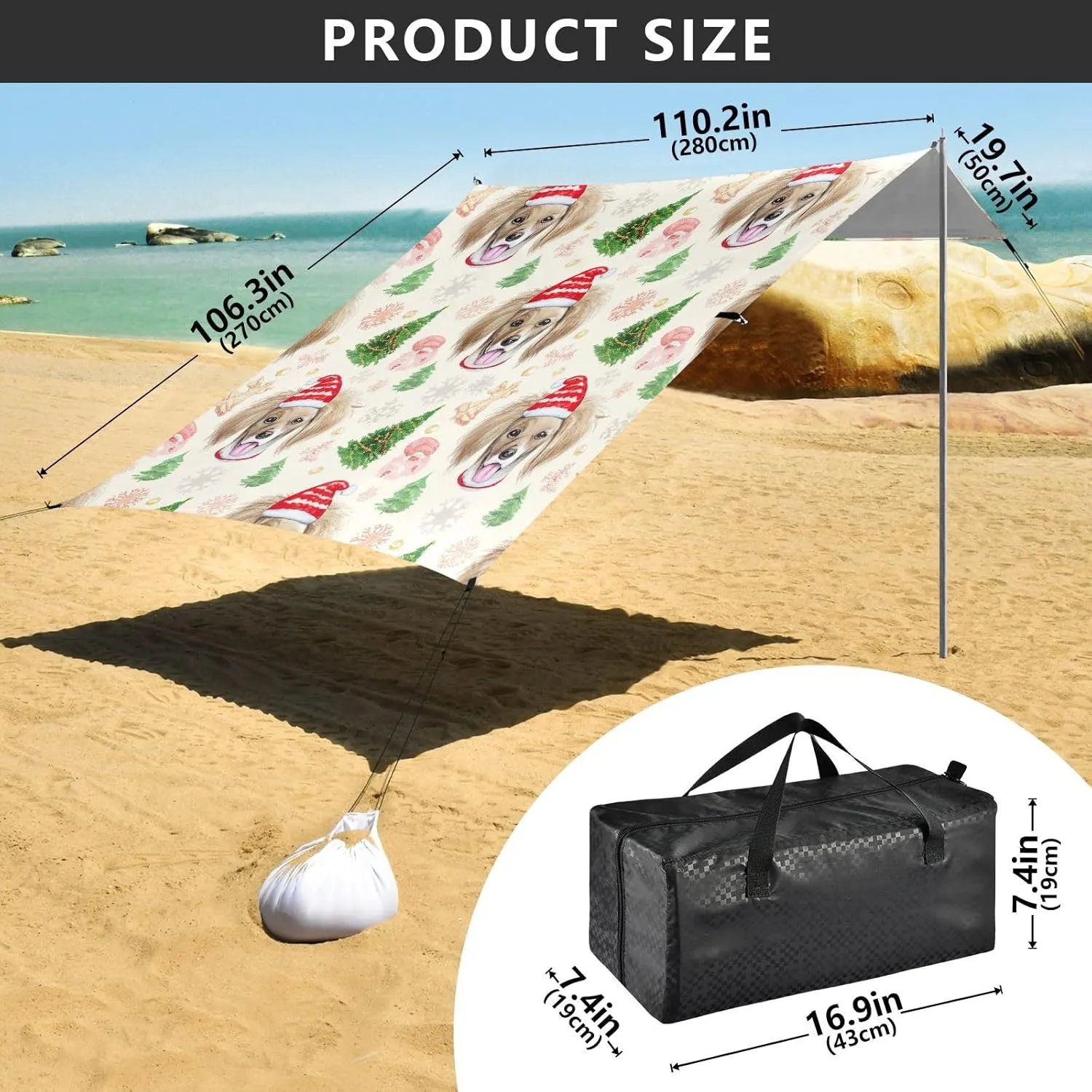 Canopy Beach Tent Christmas Dogs Beige Patio Sun Shade Outdoor 9.2 × 10.5 FT Shades Camping Sun Shelter Windproof with Sand Anchor Poles