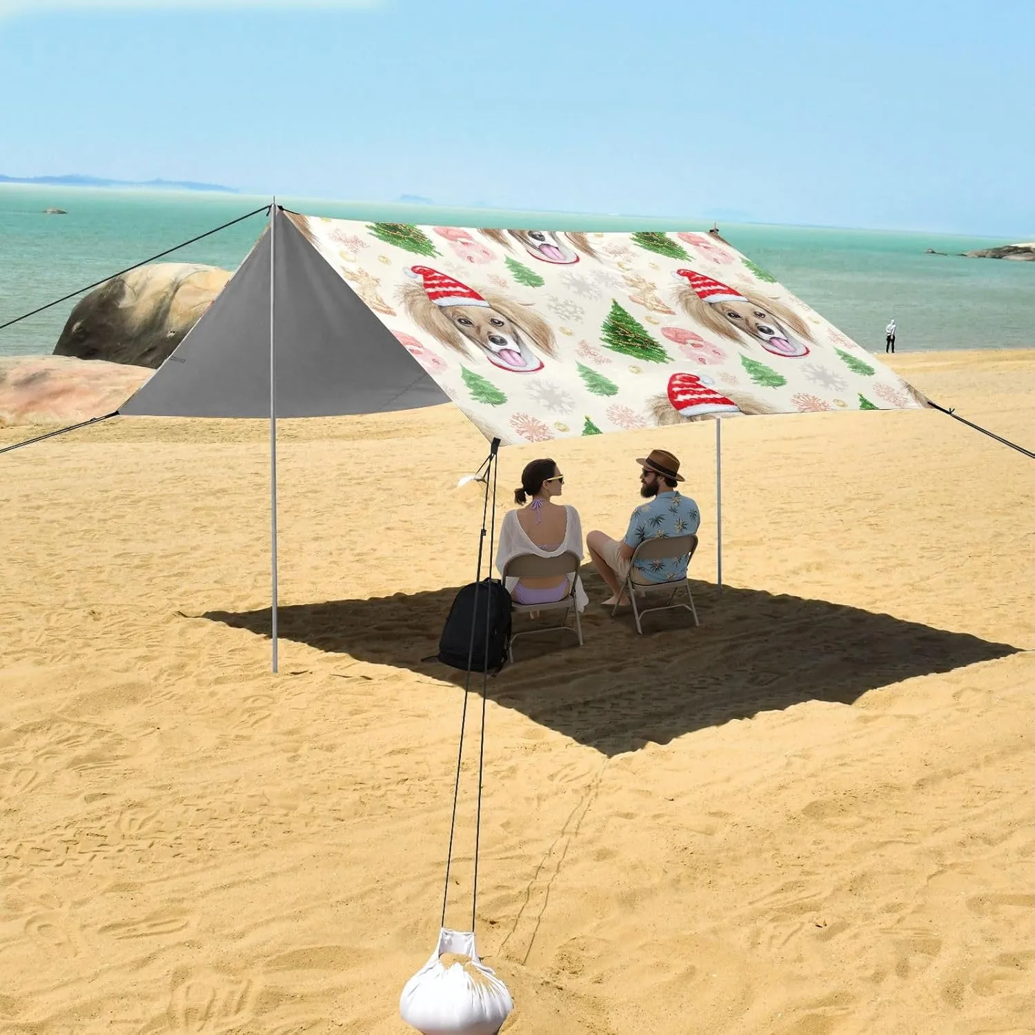 Canopy Beach Tent Christmas Dogs Beige Patio Sun Shade Outdoor 9.2 × 10.5 FT Shades Camping Sun Shelter Windproof with Sand Anchor Poles