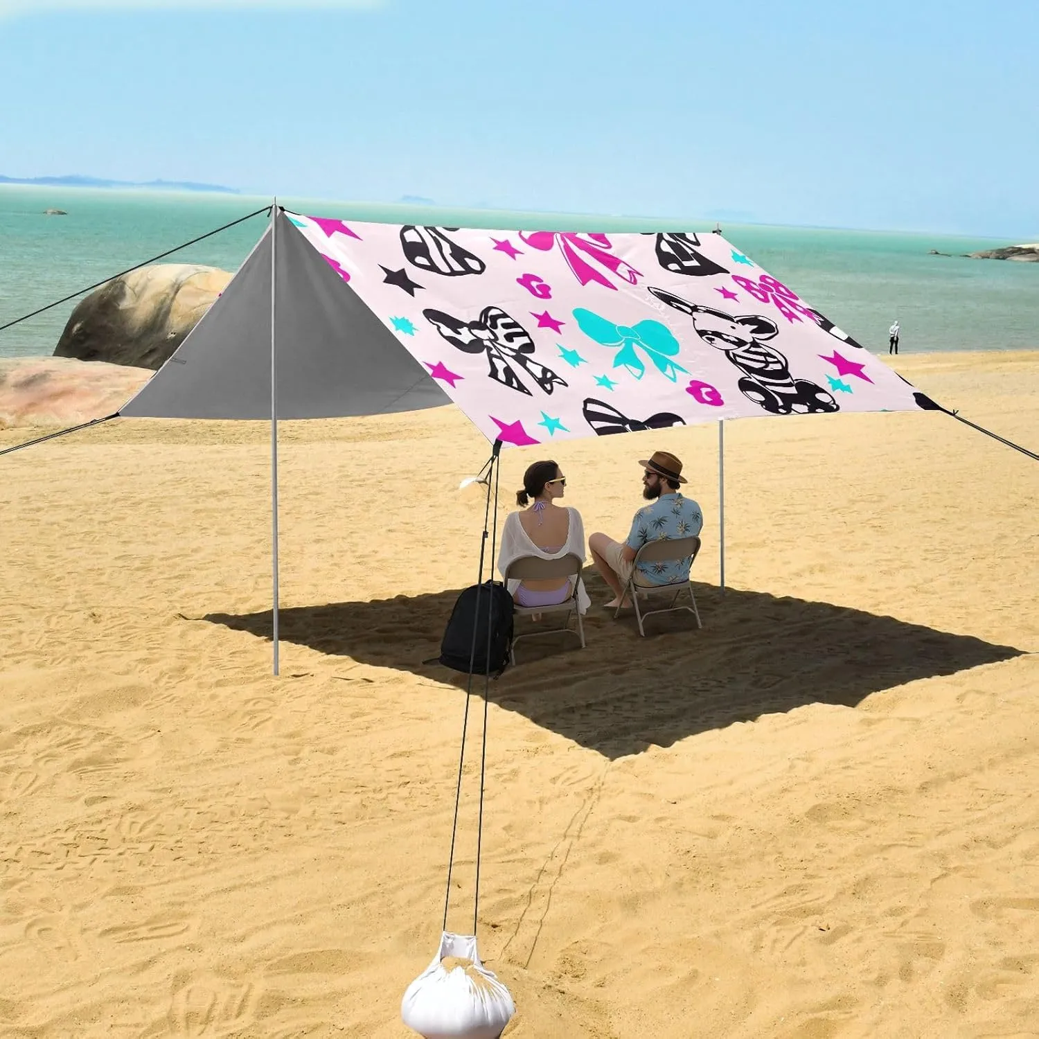 Canopy Beach Tent Outdoor Patio Sun Shade 9.2 × 10.5 FT Colorful Bows Stars Travel Camping Sun Shelter Family Windproof with Sand Bags Poles Sail