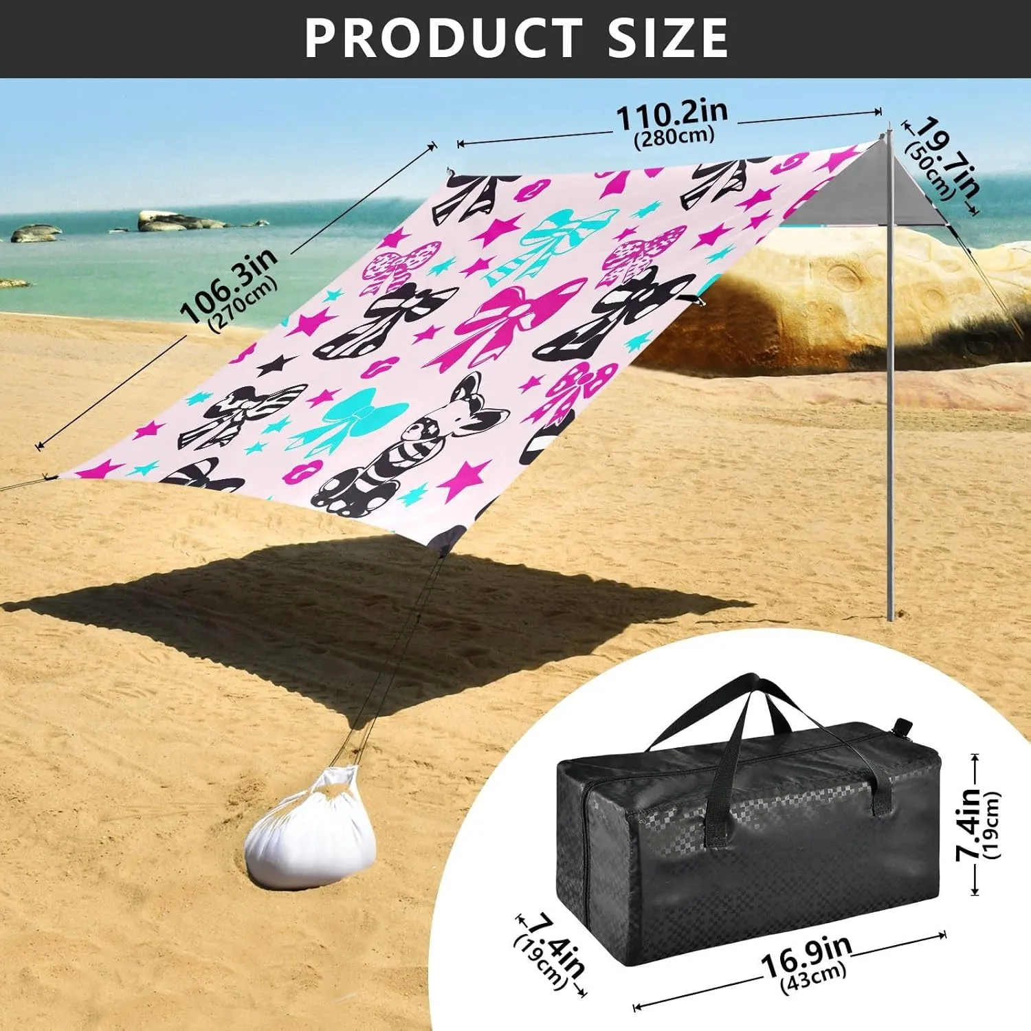 Canopy Beach Tent Outdoor Patio Sun Shade 9.2 × 10.5 FT Colorful Bows Stars Travel Camping Sun Shelter Family Windproof with Sand Bags Poles Sail