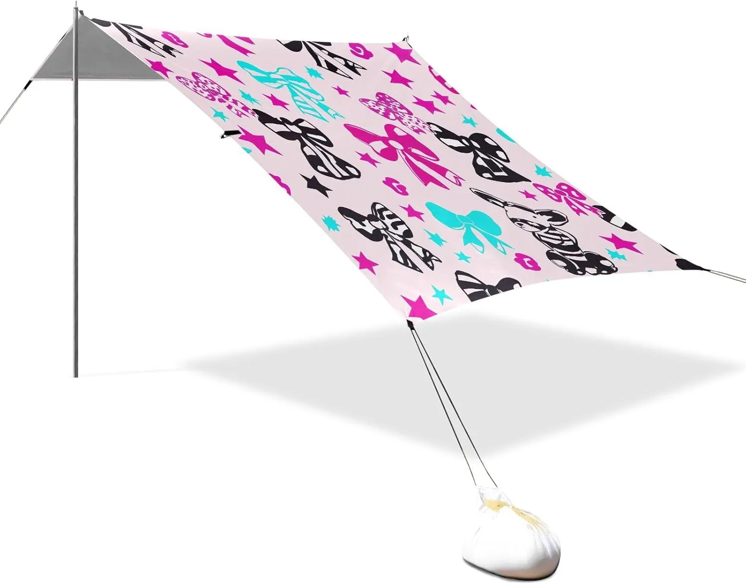 Canopy Beach Tent Outdoor Patio Sun Shade 9.2 × 10.5 FT Colorful Bows Stars Travel Camping Sun Shelter Family Windproof with Sand Bags Poles Sail