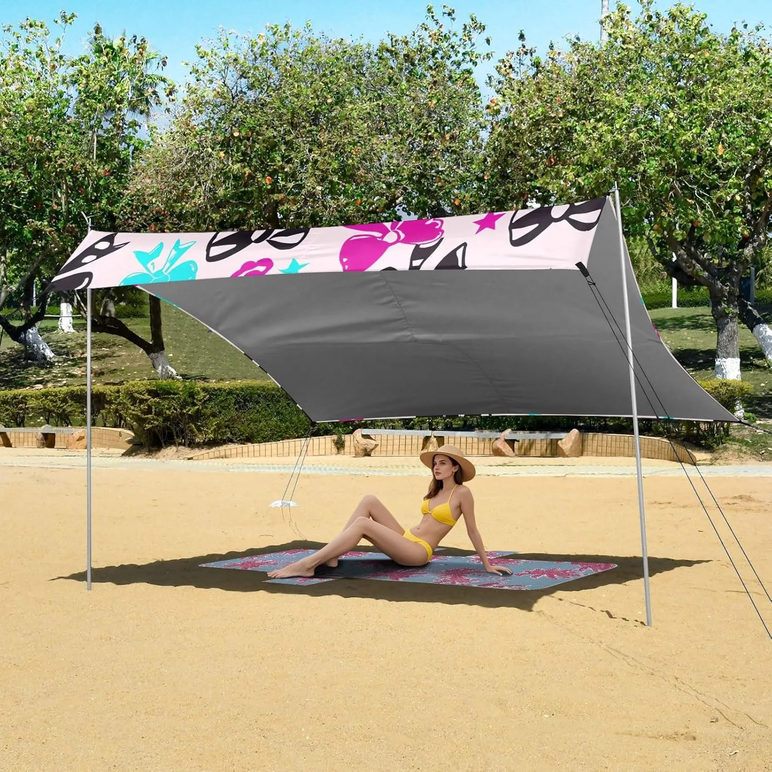 Canopy Beach Tent Outdoor Patio Sun Shade 9.2 × 10.5 FT Colorful Bows Stars Travel Camping Sun Shelter Family Windproof with Sand Bags Poles Sail
