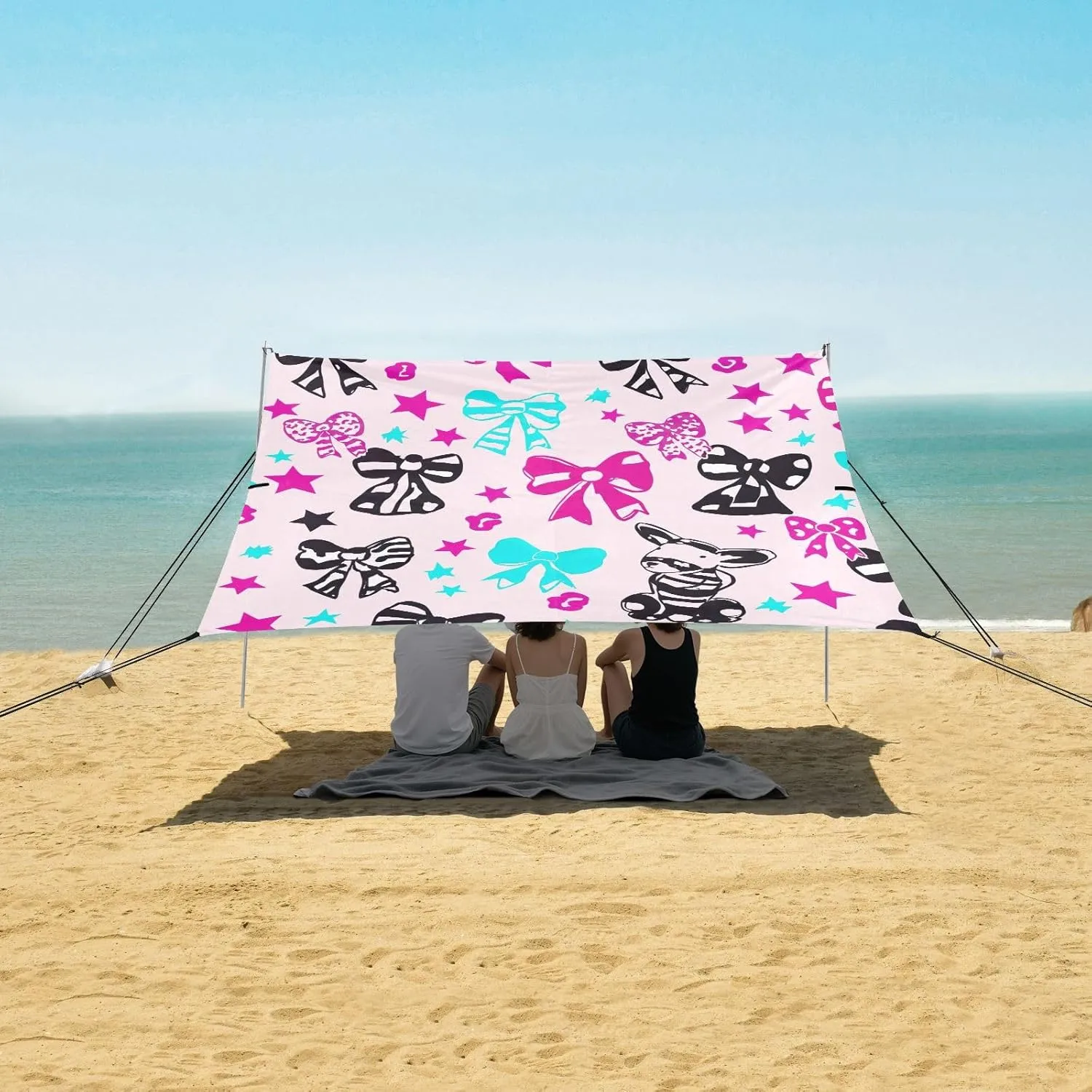 Canopy Beach Tent Outdoor Patio Sun Shade 9.2 × 10.5 FT Colorful Bows Stars Travel Camping Sun Shelter Family Windproof with Sand Bags Poles Sail