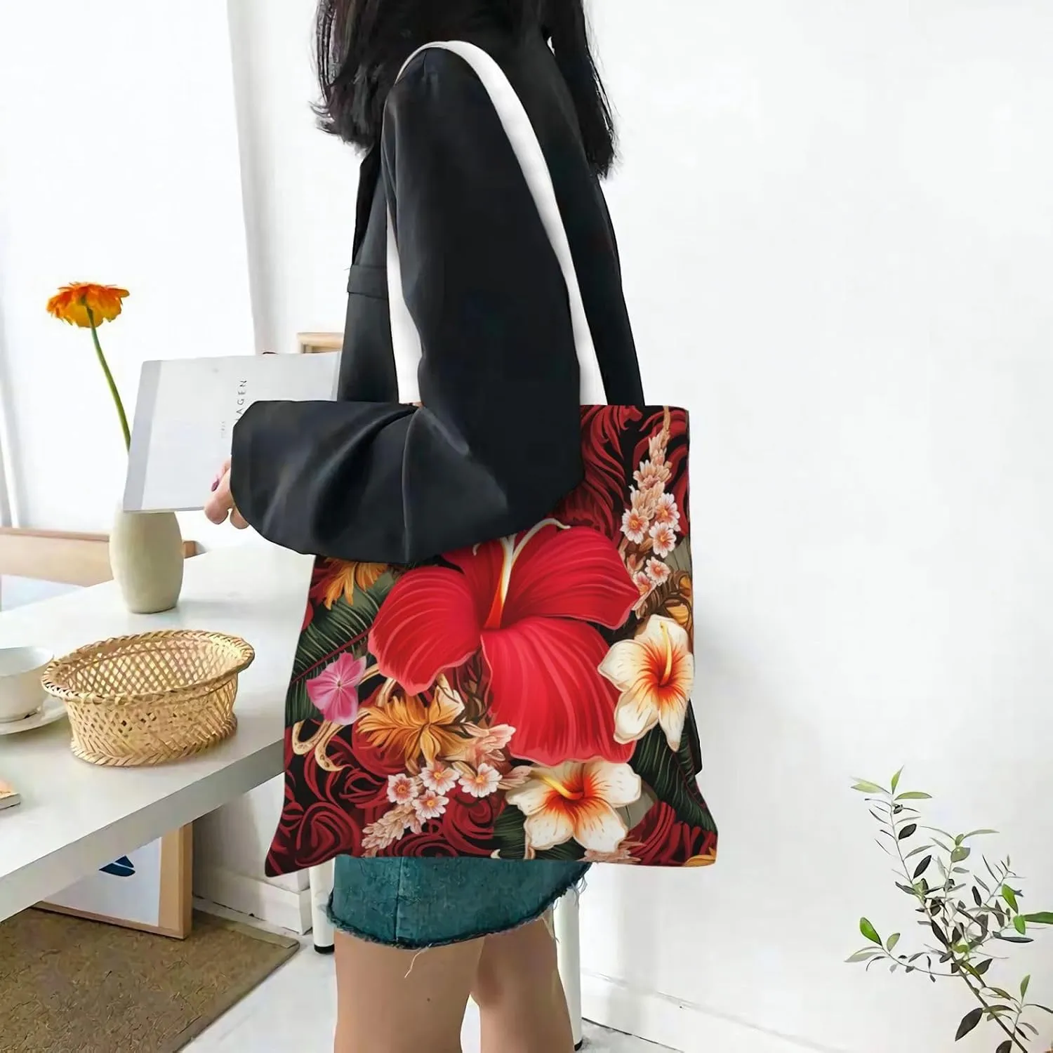 Canvas Tote Bag For Women Reusable Shopping Bag Casual Two Butterflies And Mushrooms Shoulder Bag Handbag For Travel