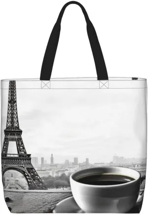Canvas Tote Bag for Women Shoulder Tote Purse Reusable Grocery Bag Parisian Coffee Eiffel Tower Aesthetic Shopping Bags