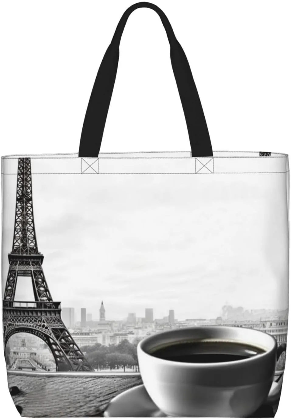 Canvas Tote Bag for Women Shoulder Tote Purse Reusable Grocery Bag Parisian Coffee Eiffel Tower Aesthetic Shopping Bags