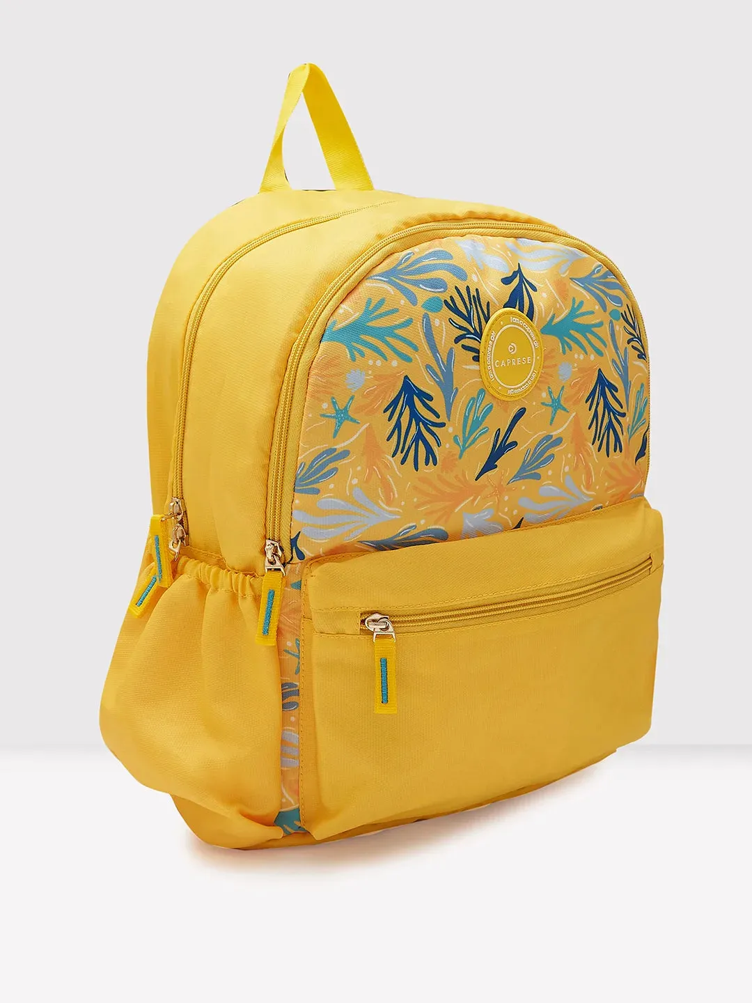 Caprese Xenia Medium Yellow Printed Backpack
