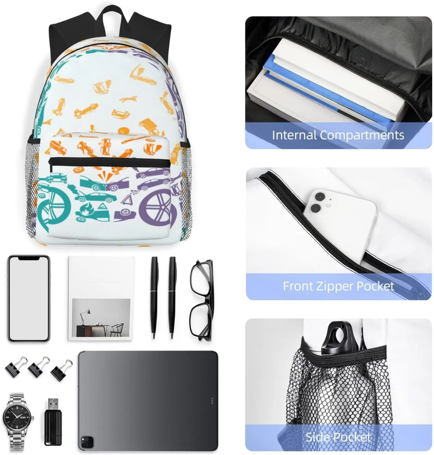 Car Crash Backpack, Travel Laptop Backpack Computer Bag Rucksack for Men Women Business Work Fits 15.6 Inch Notebook