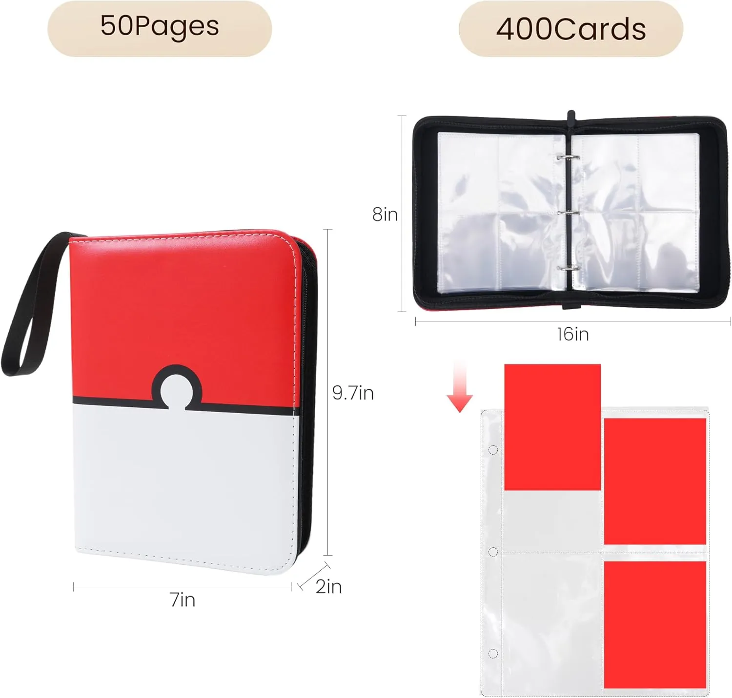 Card Binder 4 Pocket, Trading Card Binder Fits 400 Cards with 50 Removable Sleeves Portable Zippered Game Card Album Organizer Book for Collectible Sports Gaming Cards Storage and Travel Gifts​​ C