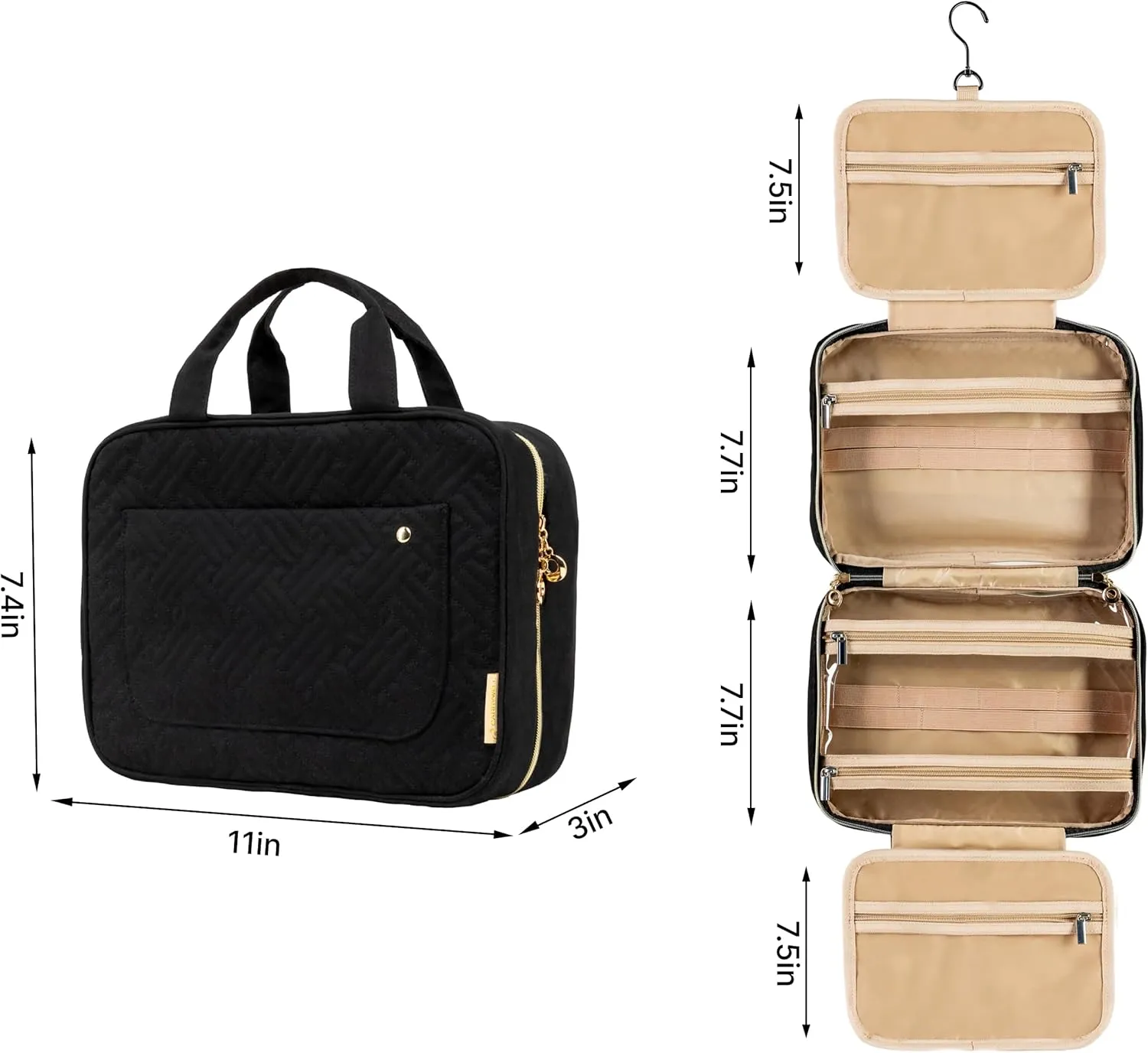 Carrywell (Not Made In China) Hanging Toiletry Bag For Women, Toiletries Bag, Travel Make Up Organizer, Water-Resistant Case For Cosmetics, Makeup and Brushes (Black, Small)