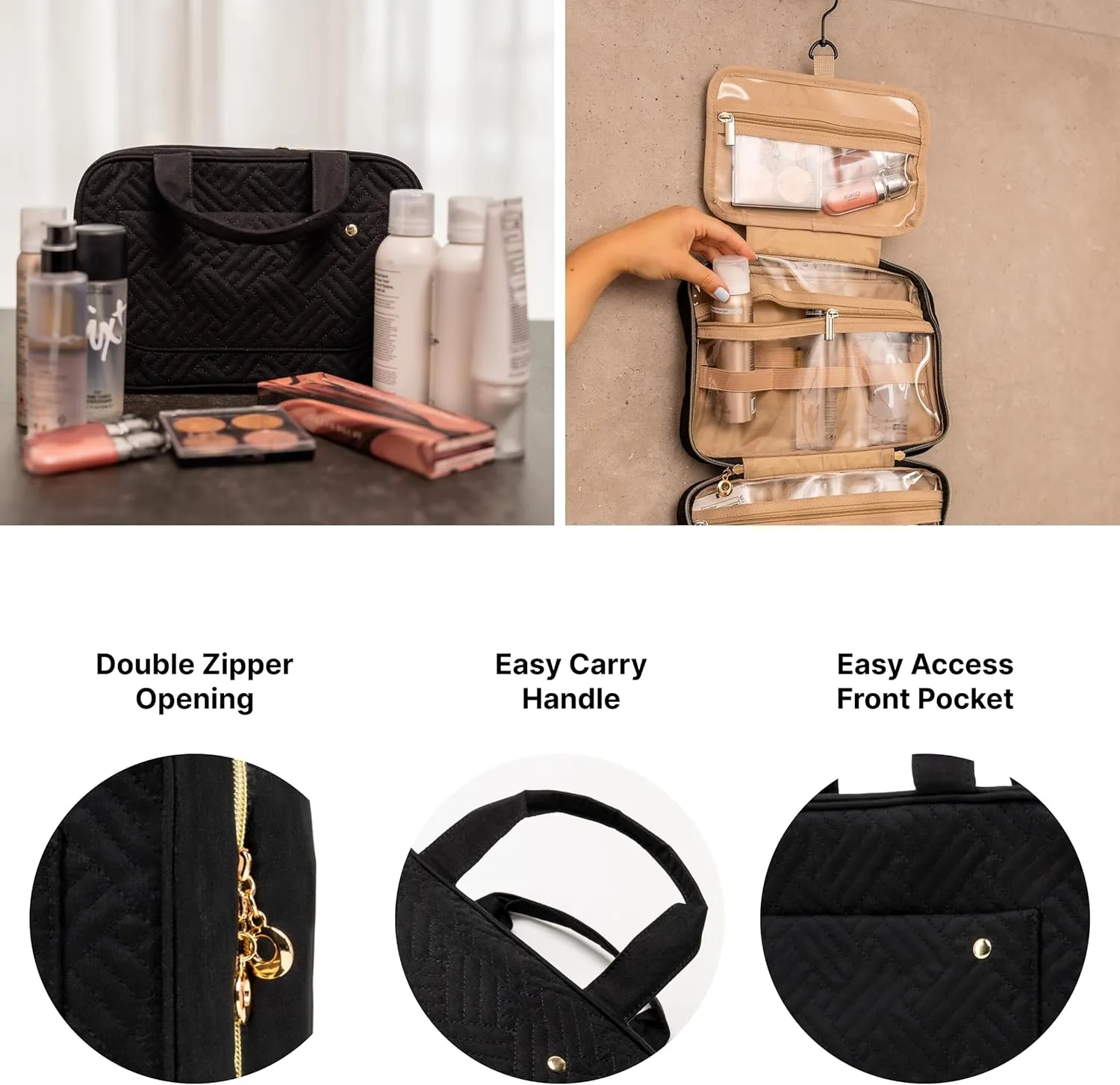 Carrywell (Not Made In China) Hanging Toiletry Bag For Women, Toiletries Bag, Travel Make Up Organizer, Water-Resistant Case For Cosmetics, Makeup and Brushes (Black, Small)