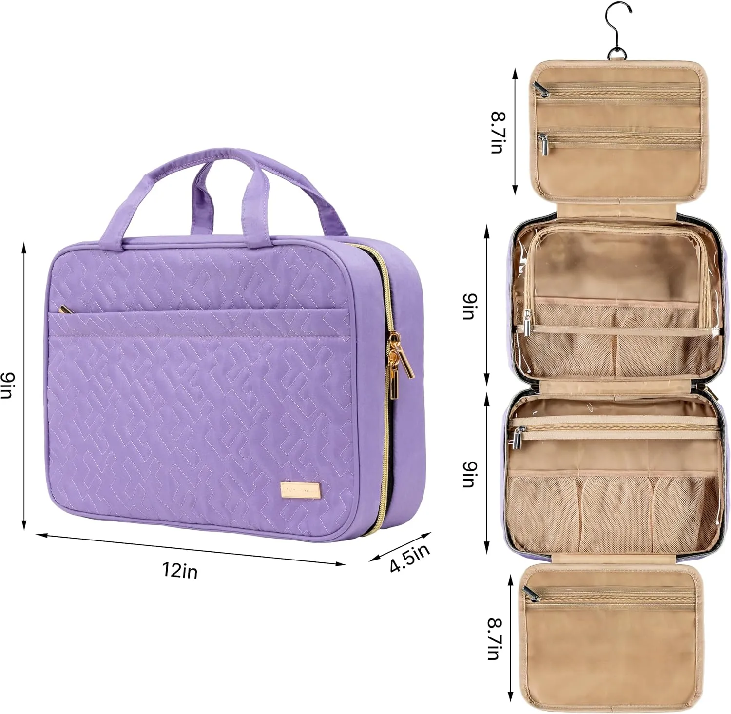 Carrywell (Not Made In China) Hanging Toiletry Bag For Women, Toiletries Bag, Travel Make Up Organizer, Water-Resistant Case For Cosmetics, Makeup and Brushes (Purple, Medium)
