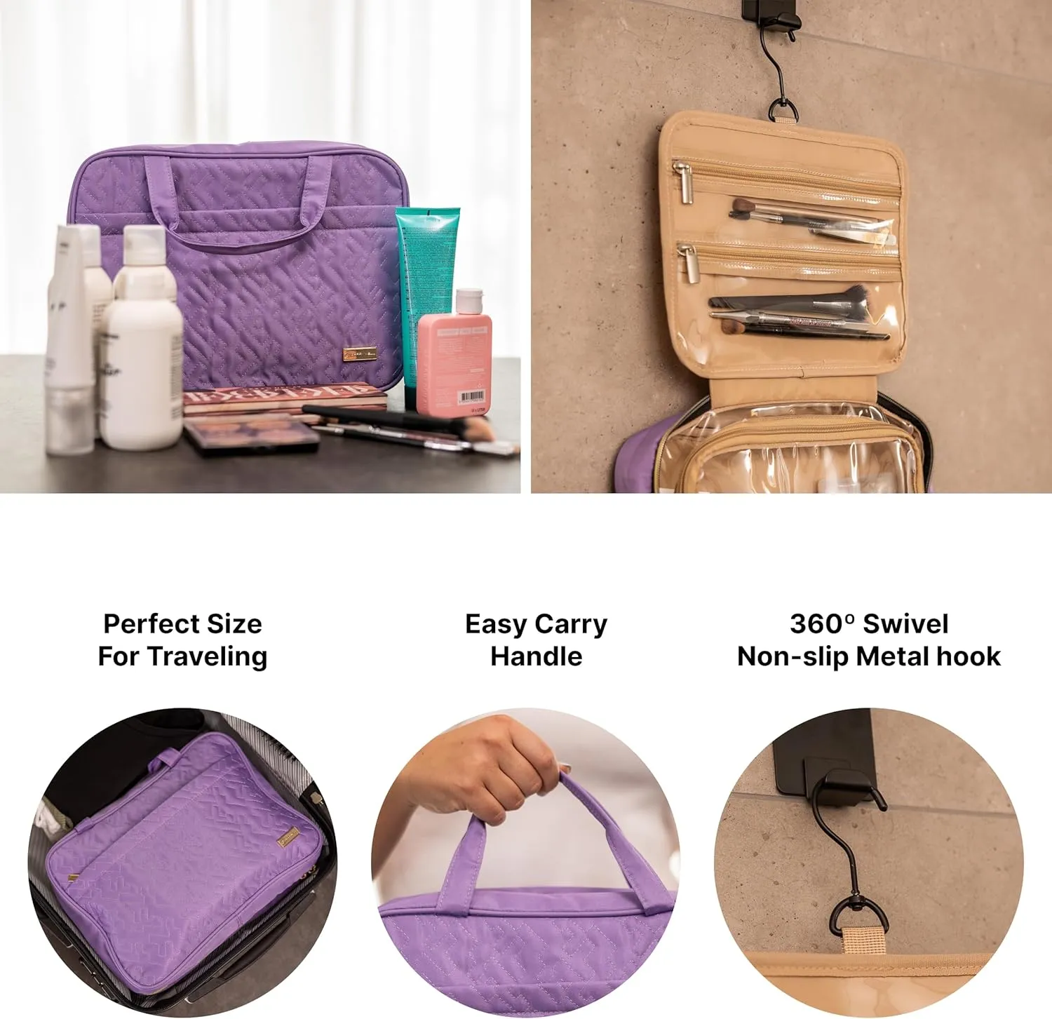 Carrywell (Not Made In China) Hanging Toiletry Bag For Women, Toiletries Bag, Travel Make Up Organizer, Water-Resistant Case For Cosmetics, Makeup and Brushes (Purple, Medium)