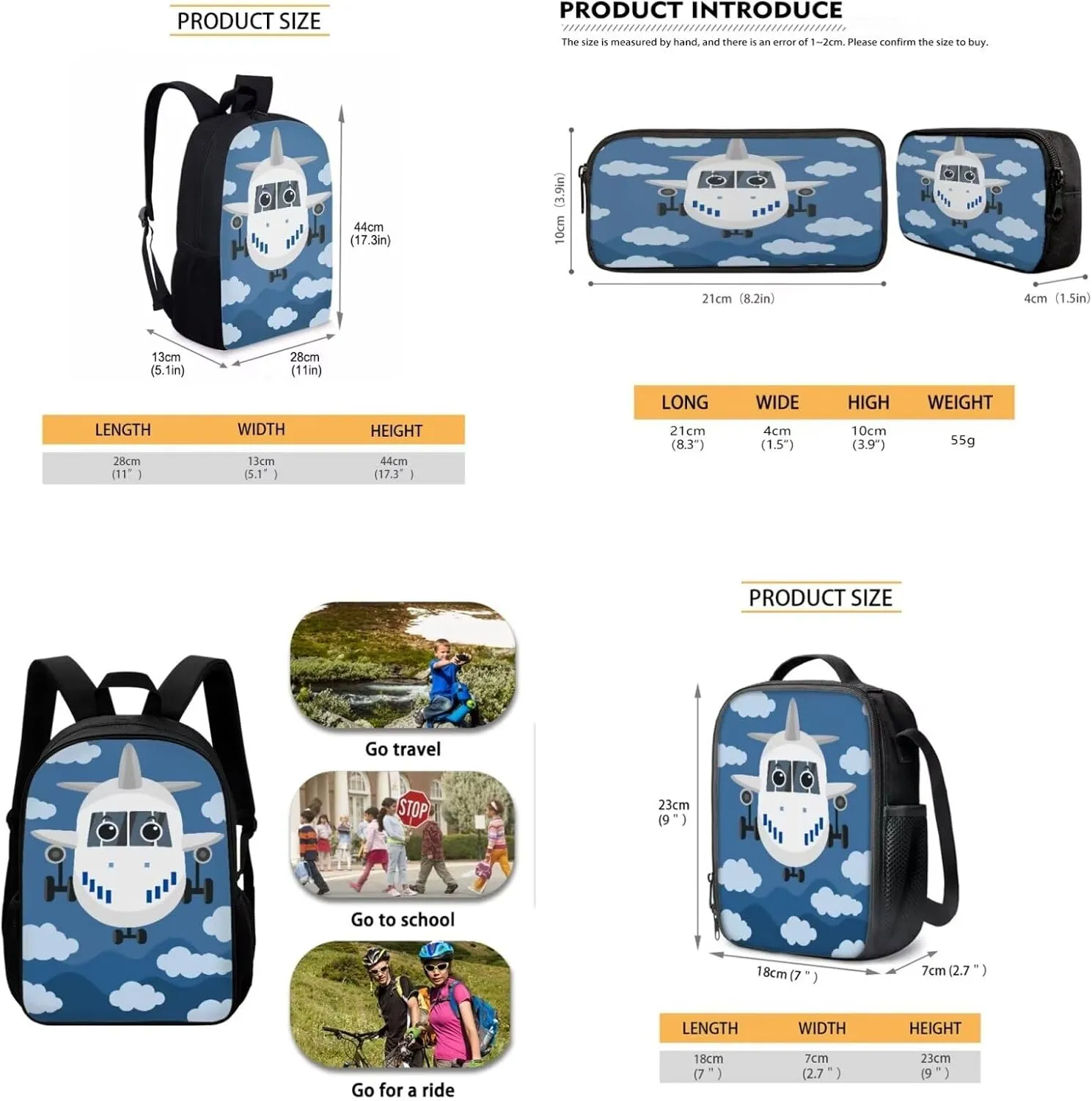 Cartoon Airplane Backpack 3 in 1 School Bag with Lunch Box Pencil Case Set for Teen Boys Elementary School Bookbag Cute Pencil Case for Primary Middle Kids Bagpack Travel Outdoor