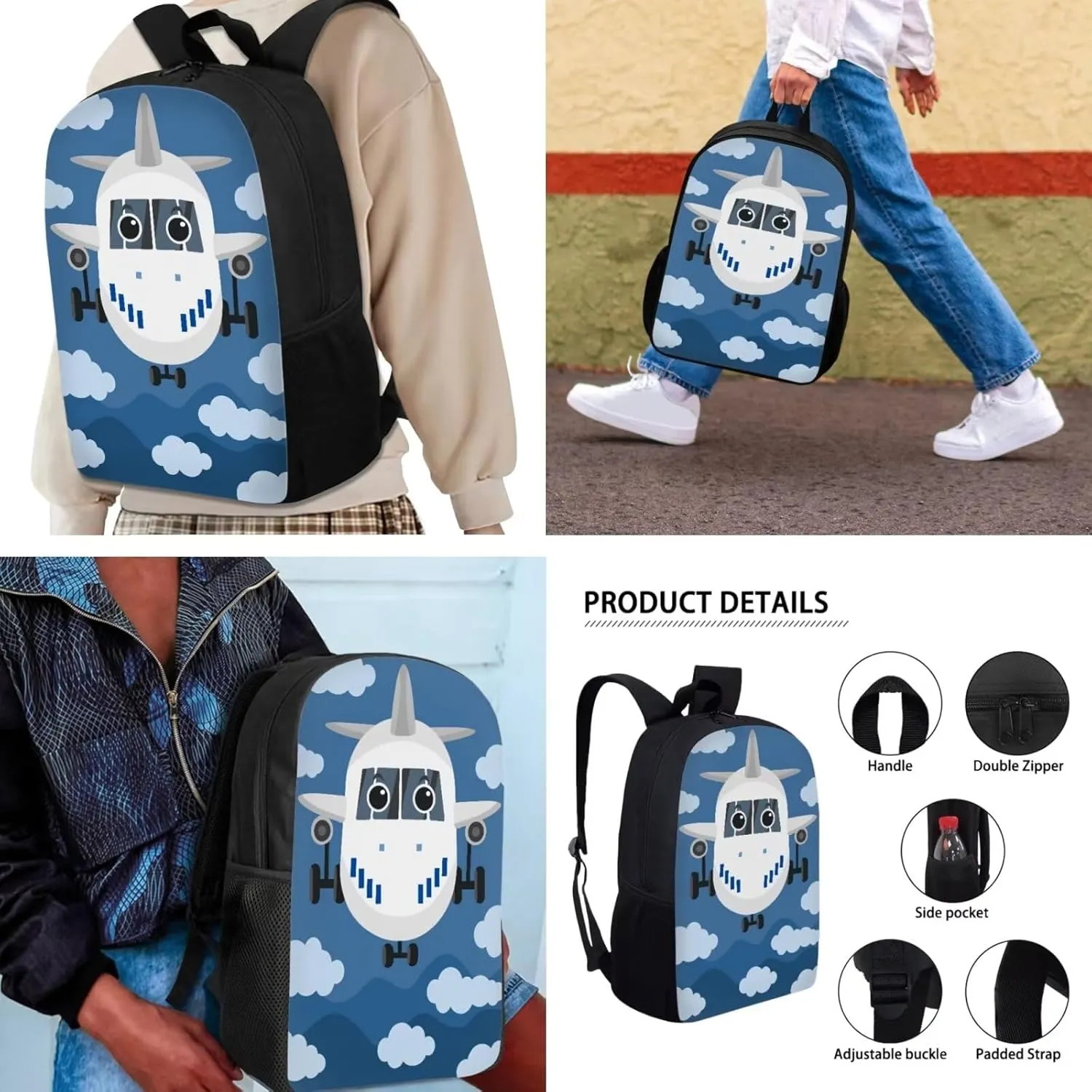 Cartoon Airplane Backpack 3 in 1 School Bag with Lunch Box Pencil Case Set for Teen Boys Elementary School Bookbag Cute Pencil Case for Primary Middle Kids Bagpack Travel Outdoor