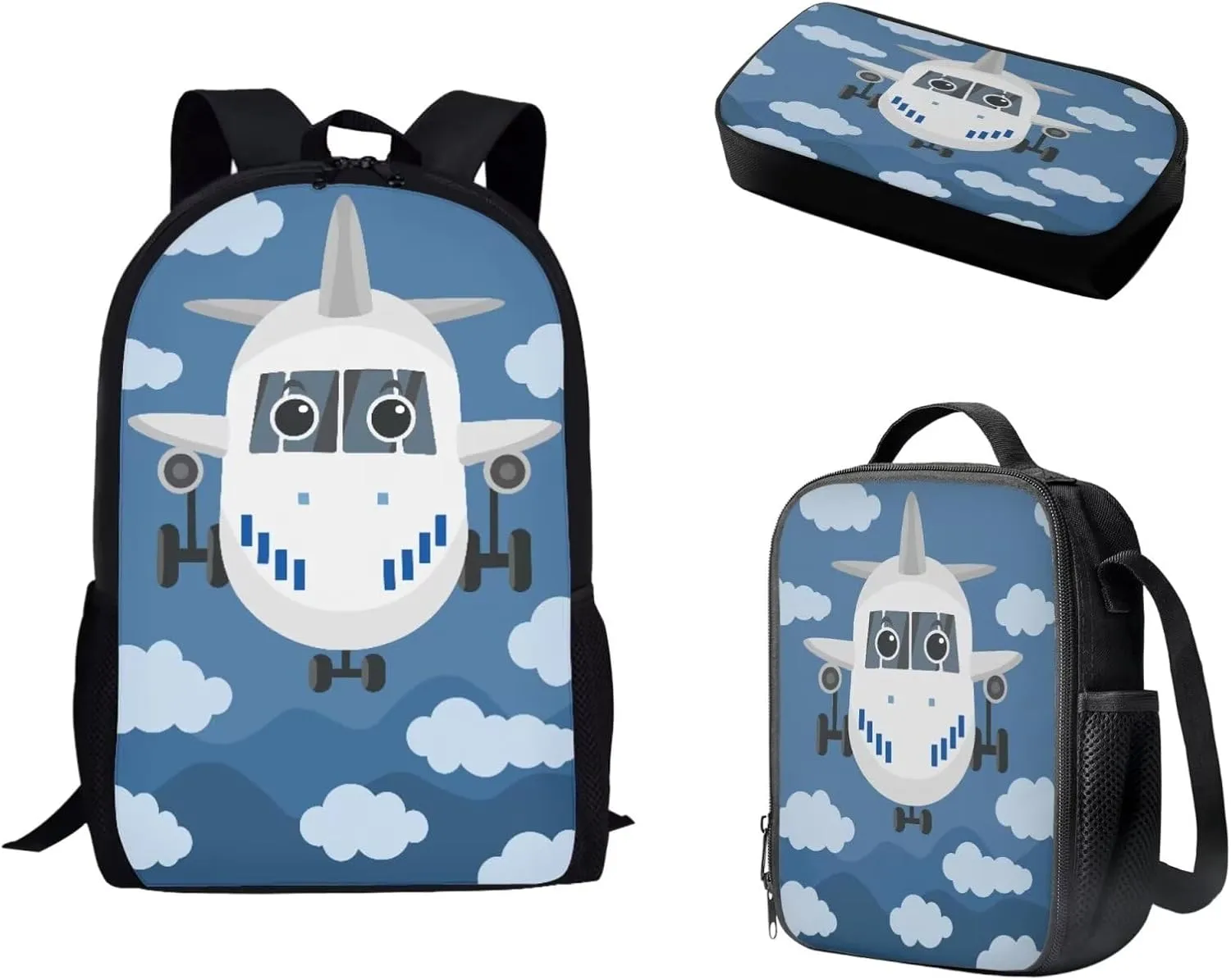 Cartoon Airplane Backpack 3 in 1 School Bag with Lunch Box Pencil Case Set for Teen Boys Elementary School Bookbag Cute Pencil Case for Primary Middle Kids Bagpack Travel Outdoor