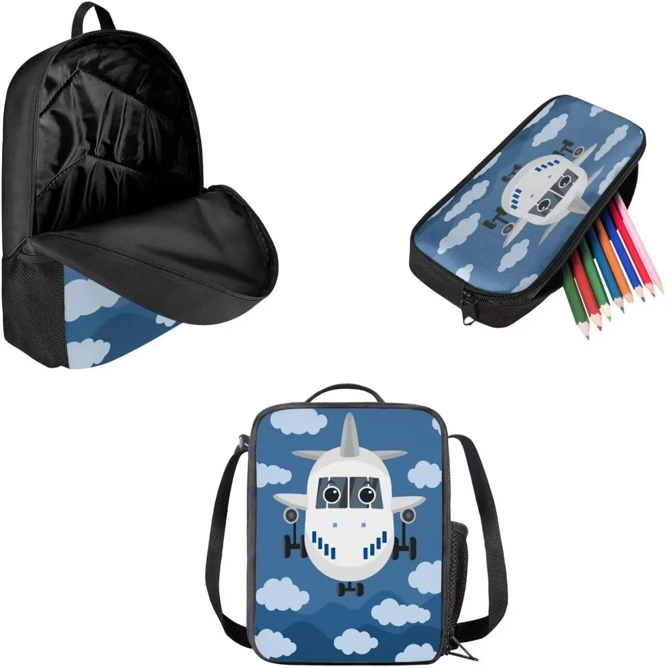 Cartoon Airplane Backpack 3 in 1 School Bag with Lunch Box Pencil Case Set for Teen Boys Elementary School Bookbag Cute Pencil Case for Primary Middle Kids Bagpack Travel Outdoor