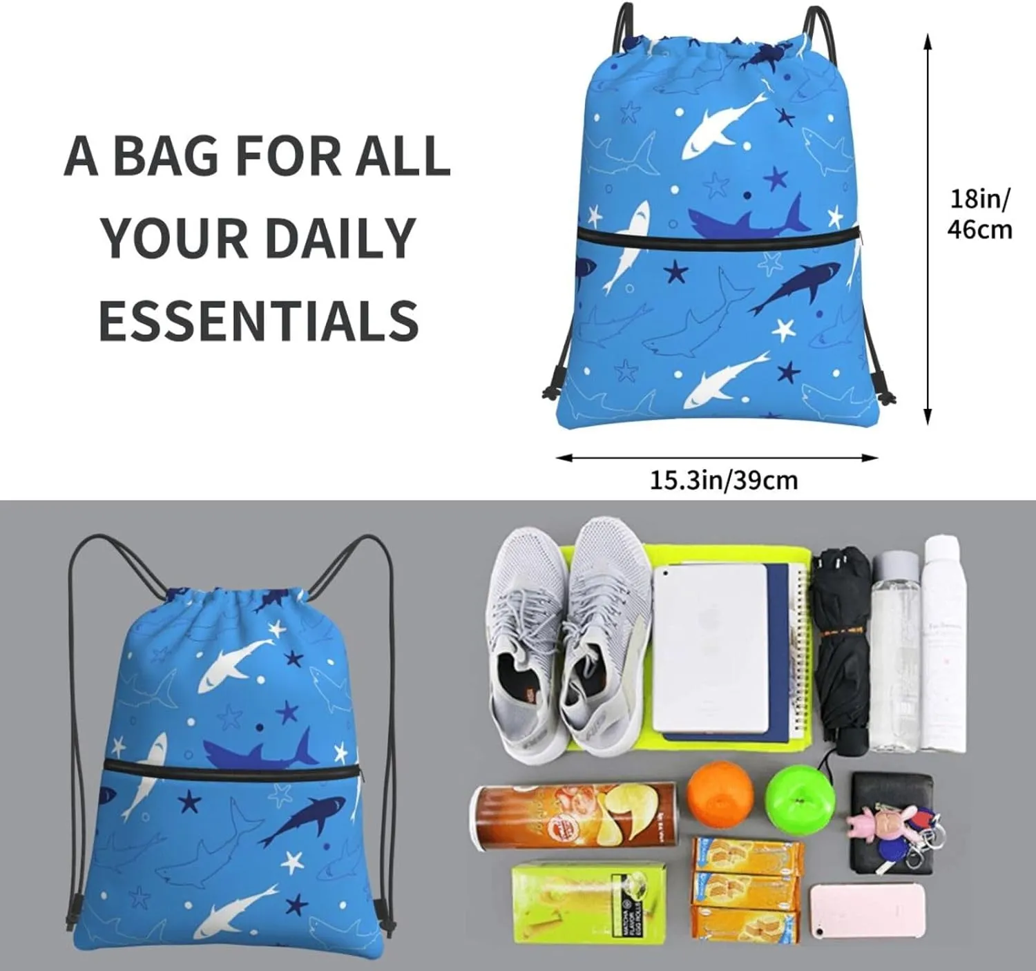 Cartoon cute shark 2 Drawstring Backpack Unisex Gym Bags Sport String Bag for Hiking Yoga Travel Swimming Beach 15 X 18 Inch