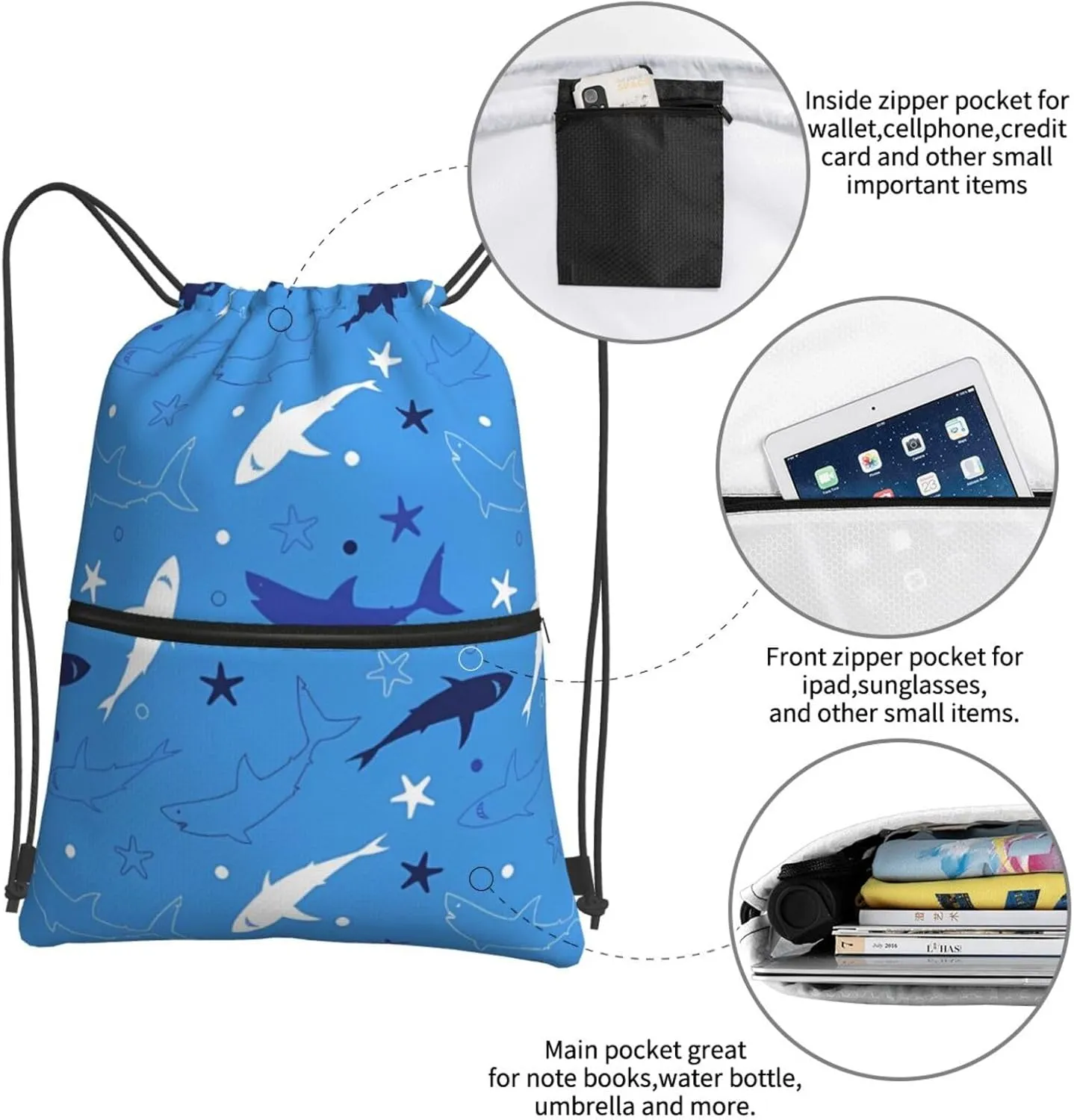 Cartoon cute shark 2 Drawstring Backpack Unisex Gym Bags Sport String Bag for Hiking Yoga Travel Swimming Beach 15 X 18 Inch