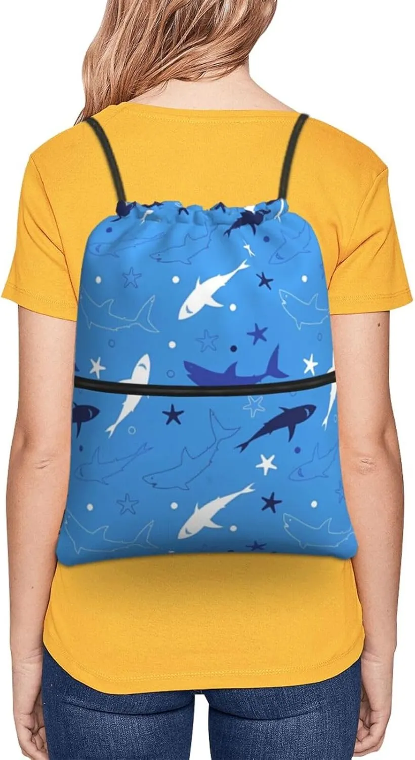 Cartoon cute shark 2 Drawstring Backpack Unisex Gym Bags Sport String Bag for Hiking Yoga Travel Swimming Beach 15 X 18 Inch