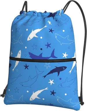 Cartoon cute shark 2 Drawstring Backpack Unisex Gym Bags Sport String Bag for Hiking Yoga Travel Swimming Beach 15 X 18 Inch