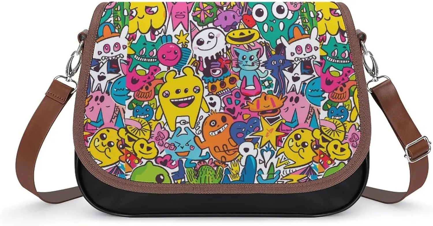 Cartoon Graffiti Monster Women's Small Sling Crossbody Bag Trendy Messenger Bags with Adjustable Strap for Travel