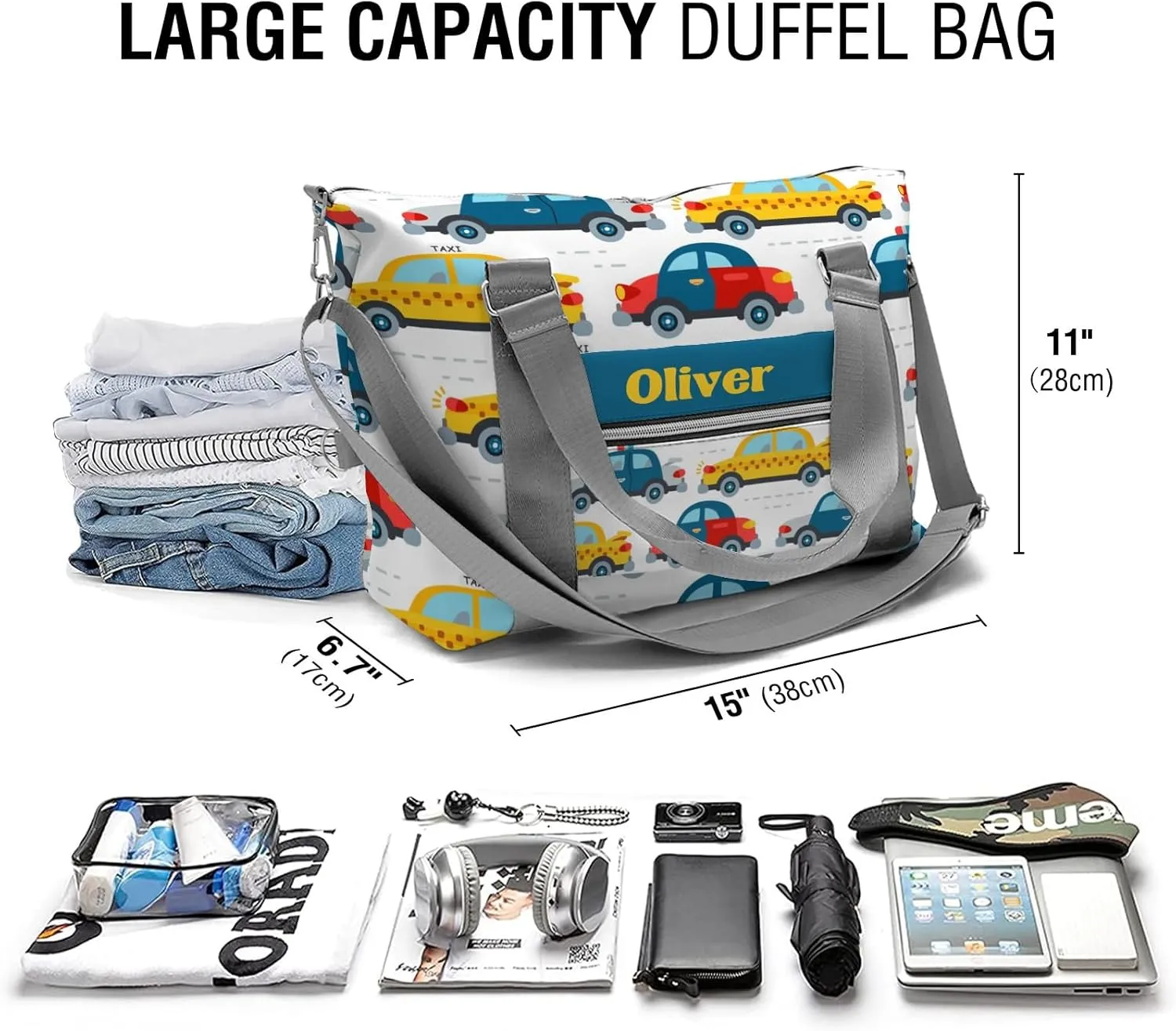 Cartoon Police Car Taxi Personalized Kids Duffel Swim Bag for Boys,Customized Swim Duffle Bag for Boys Man Kids Gifts