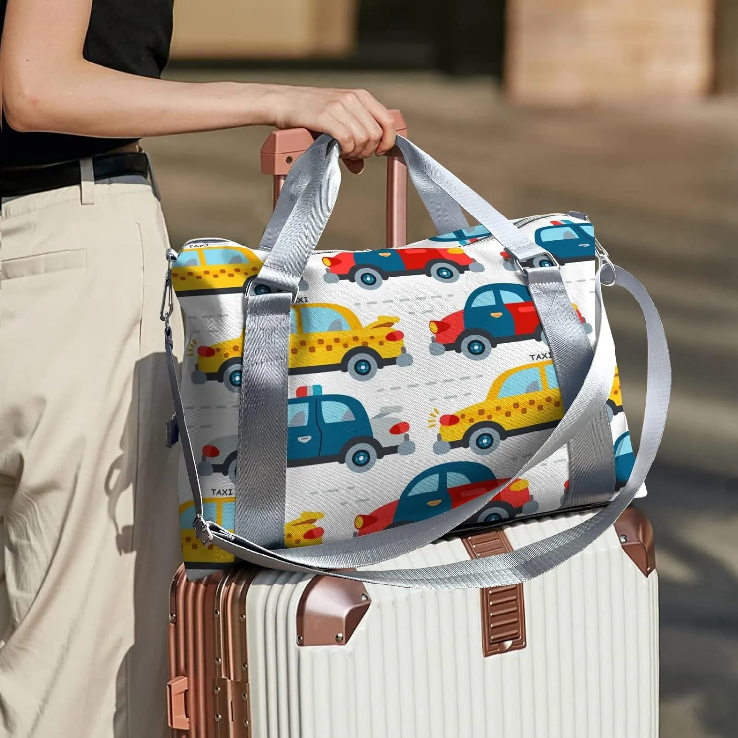 Cartoon Police Car Taxi Personalized Kids Duffel Swim Bag for Boys,Customized Swim Duffle Bag for Boys Man Kids Gifts