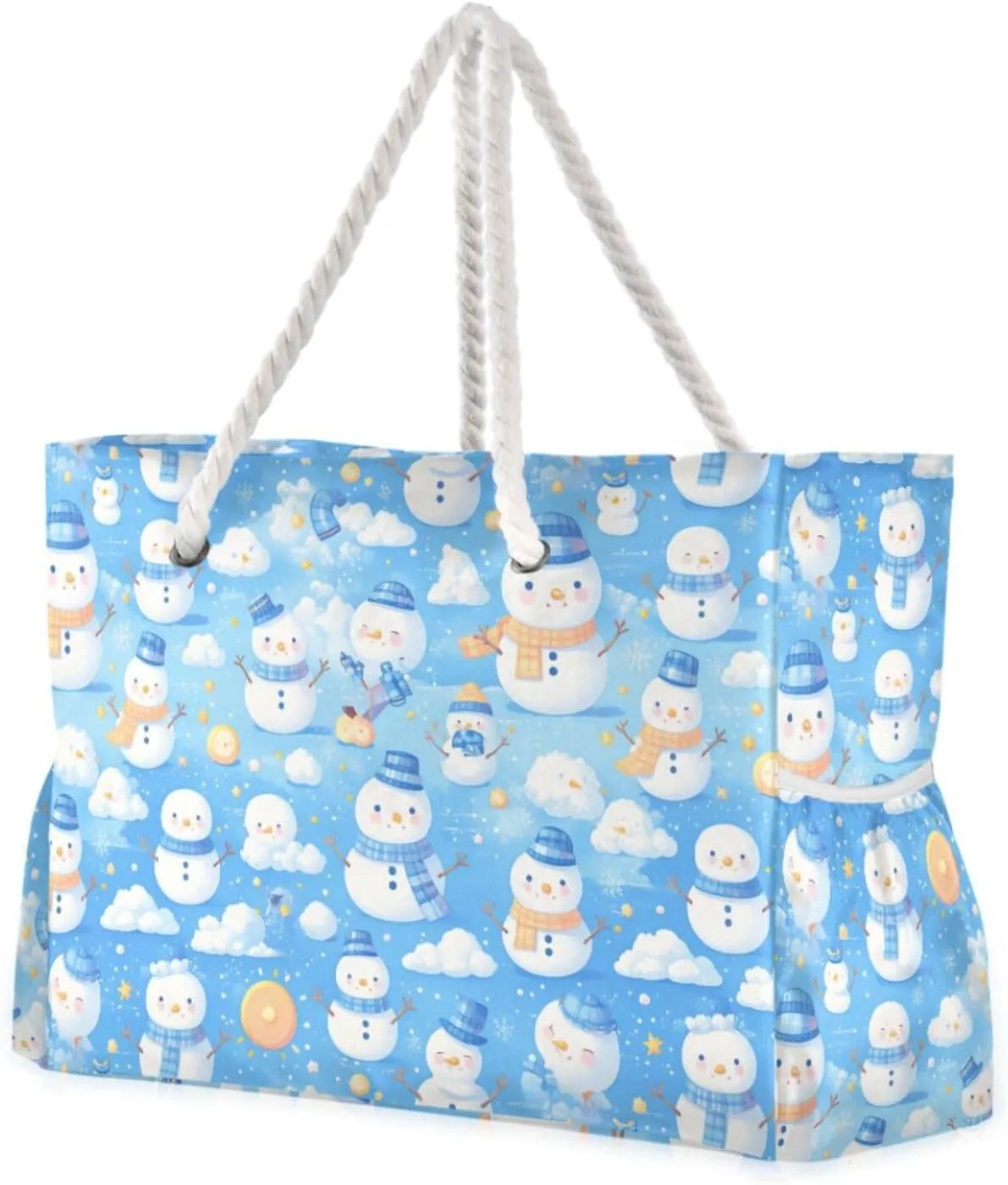 Cartoon Snowman Sky Blue Large Capacity Travel Duffel Bag, Sports with side pocketes Carry On Bag with cup holders on side
