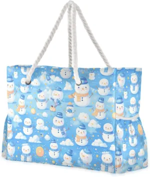 Cartoon Snowman Sky Blue Large Capacity Travel Duffel Bag, Sports with side pocketes Carry On Bag with cup holders on side
