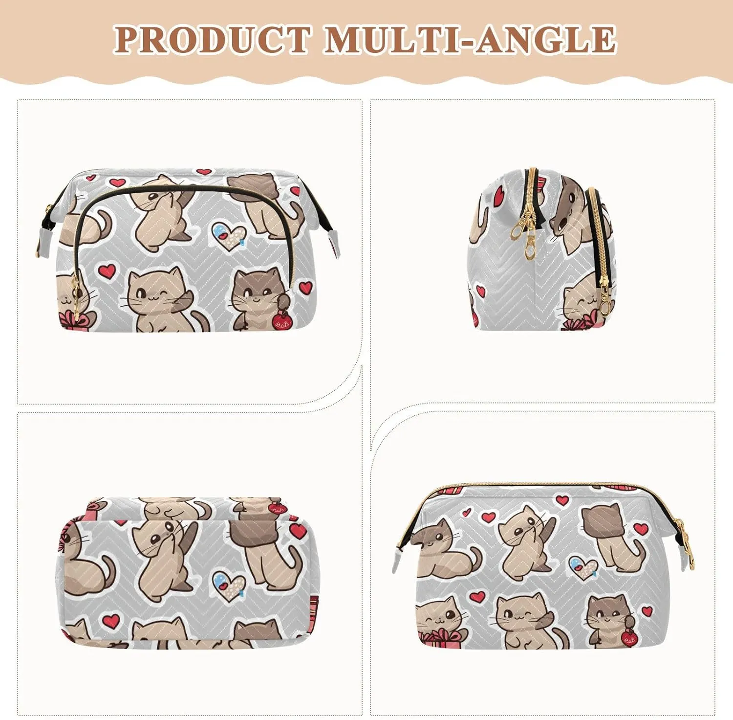 Cats Gift Grey and Brown Cosmetic Bag Zipper Travel Cosmetic Bag For Women Change Purse for Women Travel