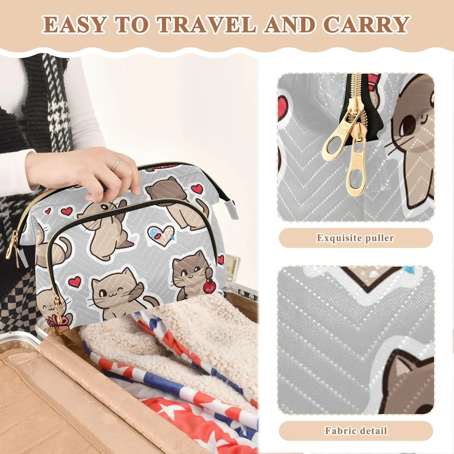 Cats Gift Grey and Brown Cosmetic Bag Zipper Travel Cosmetic Bag For Women Change Purse for Women Travel