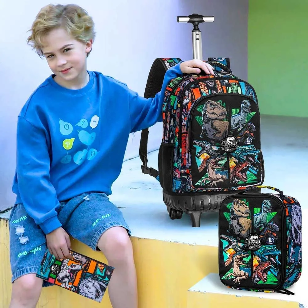 CCJPX 3PCS Rolling Backpack for Boys, 21 Inch Water Resistant Dinosaur Backpacks with Roller Wheels, Wheeled Bookbag for Teens Elementary School Travel-Brown