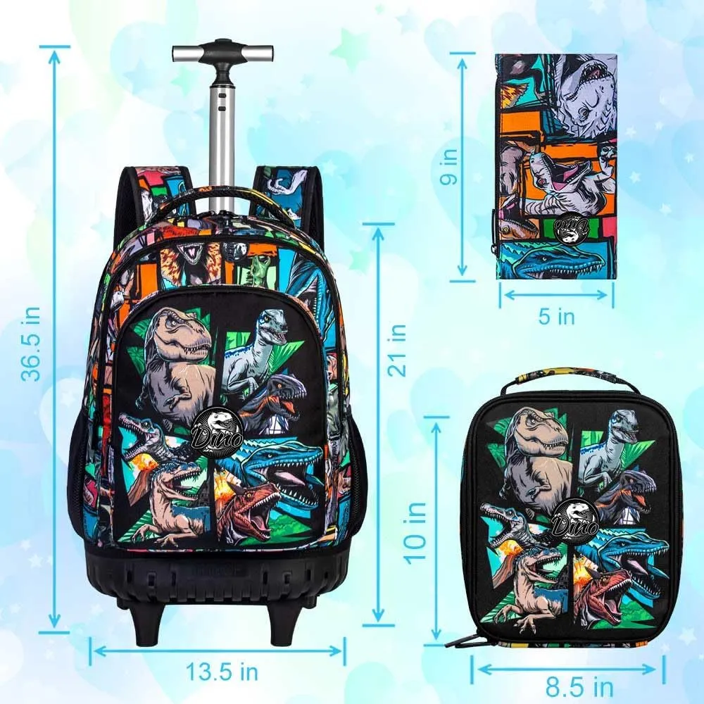 CCJPX 3PCS Rolling Backpack for Boys, 21 Inch Water Resistant Dinosaur Backpacks with Roller Wheels, Wheeled Bookbag for Teens Elementary School Travel-Brown
