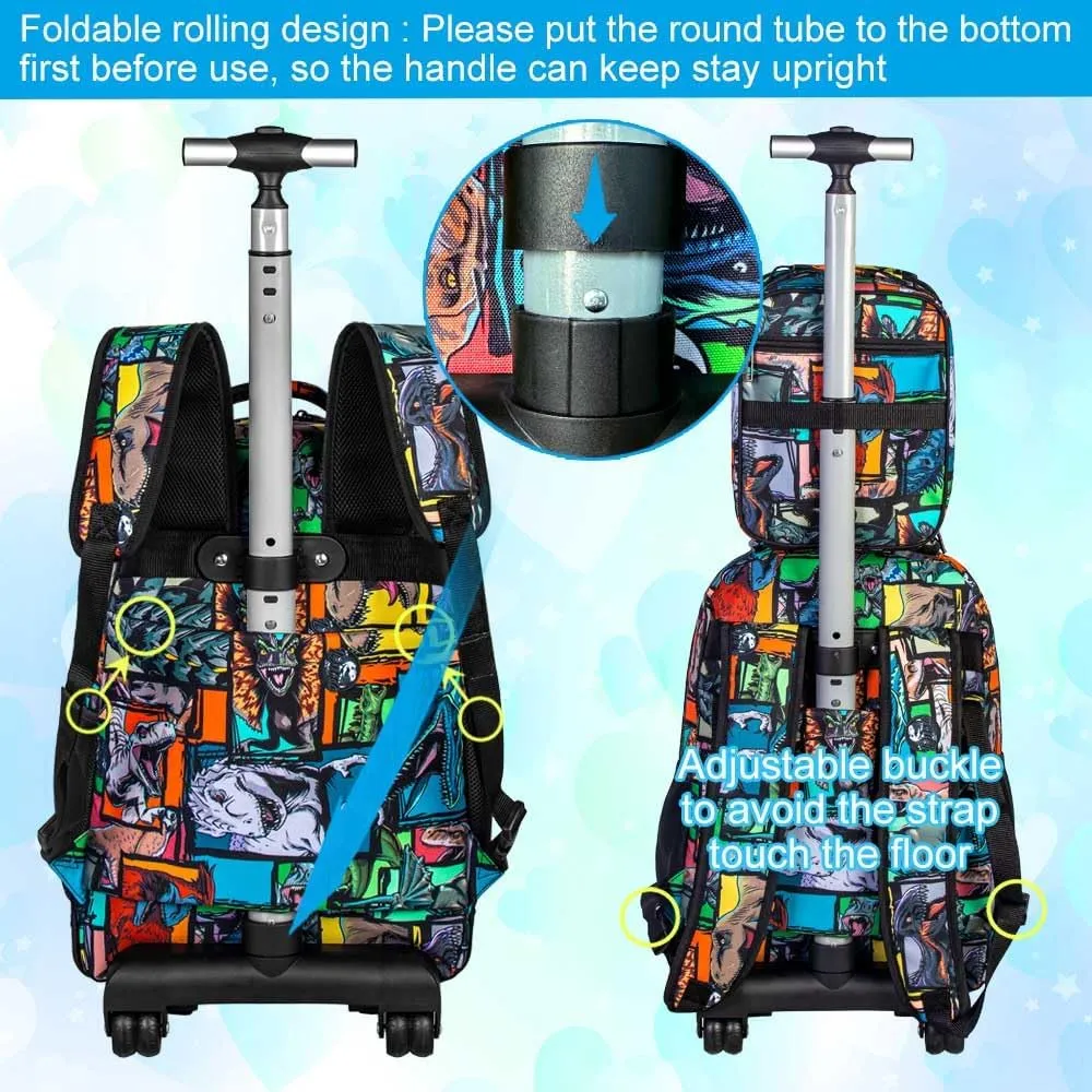 CCJPX 3PCS Rolling Backpack for Boys, 21 Inch Water Resistant Dinosaur Backpacks with Roller Wheels, Wheeled Bookbag for Teens Elementary School Travel-Brown