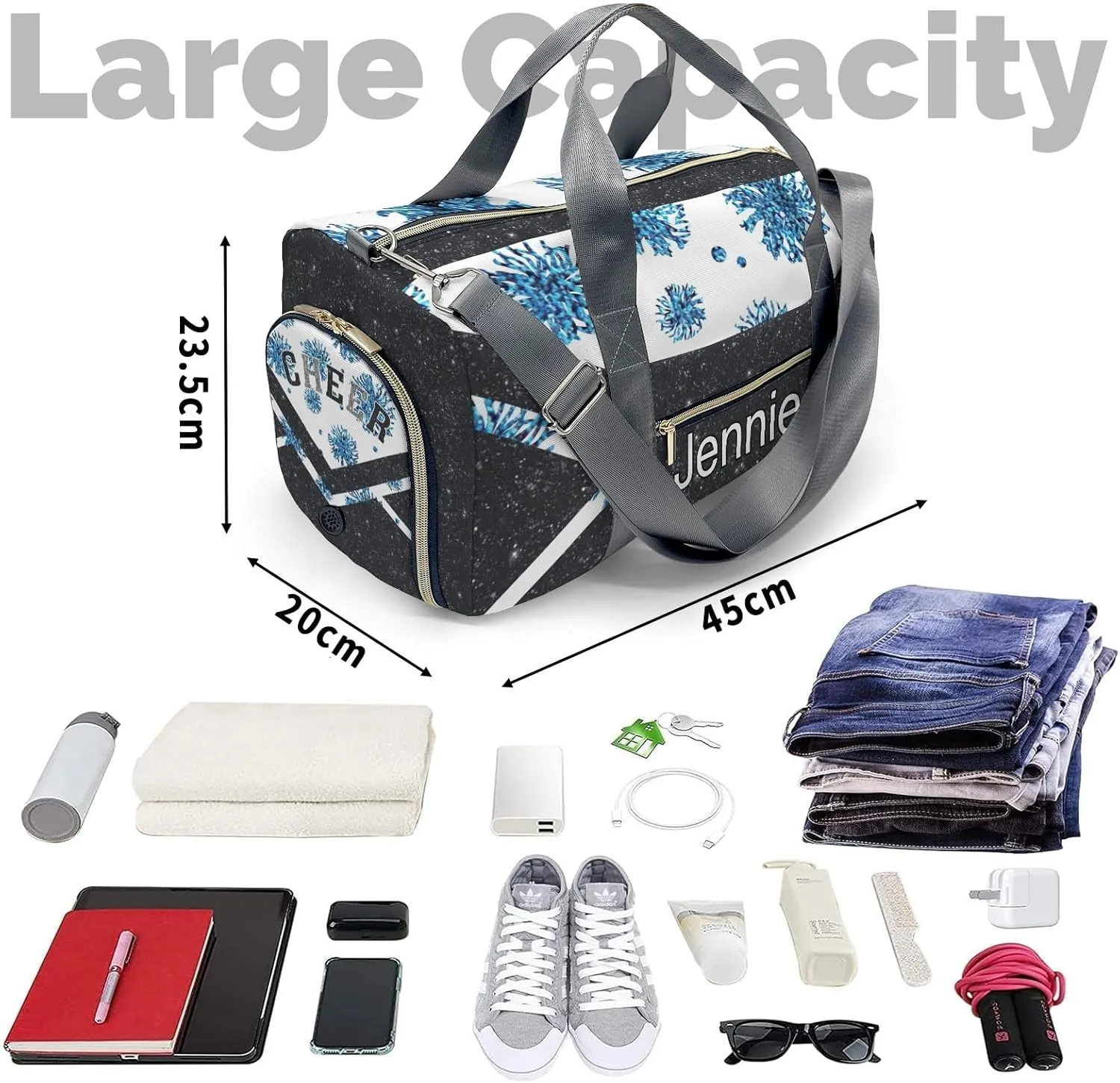 Cheer Duffle Bag Athletic Sport Gym Duffel Bag with Shoe Compartment Weekender Travel Bag,Blue