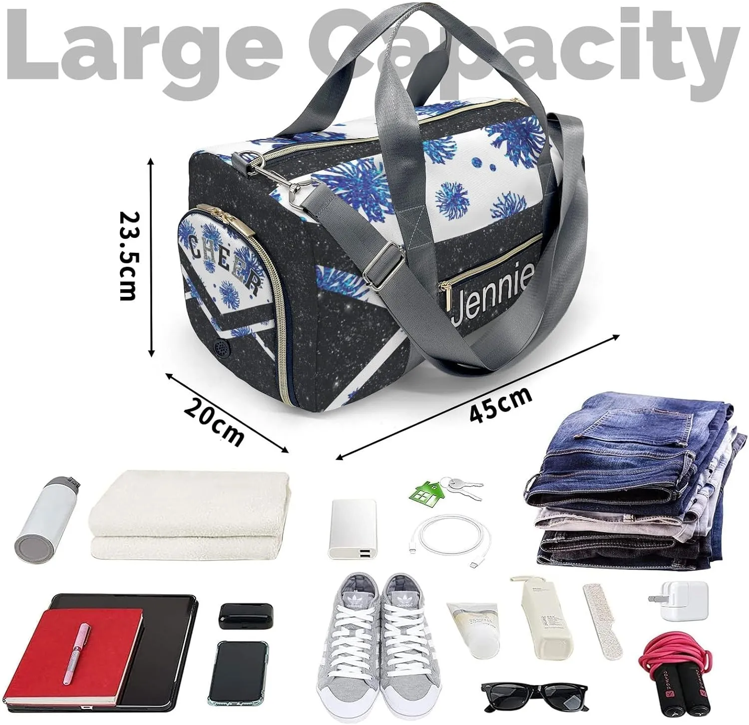 Cheer Duffle Bag Athletic Sport Gym Duffel Bag with Shoe Compartment Weekender Travel Bag,Bright Blue
