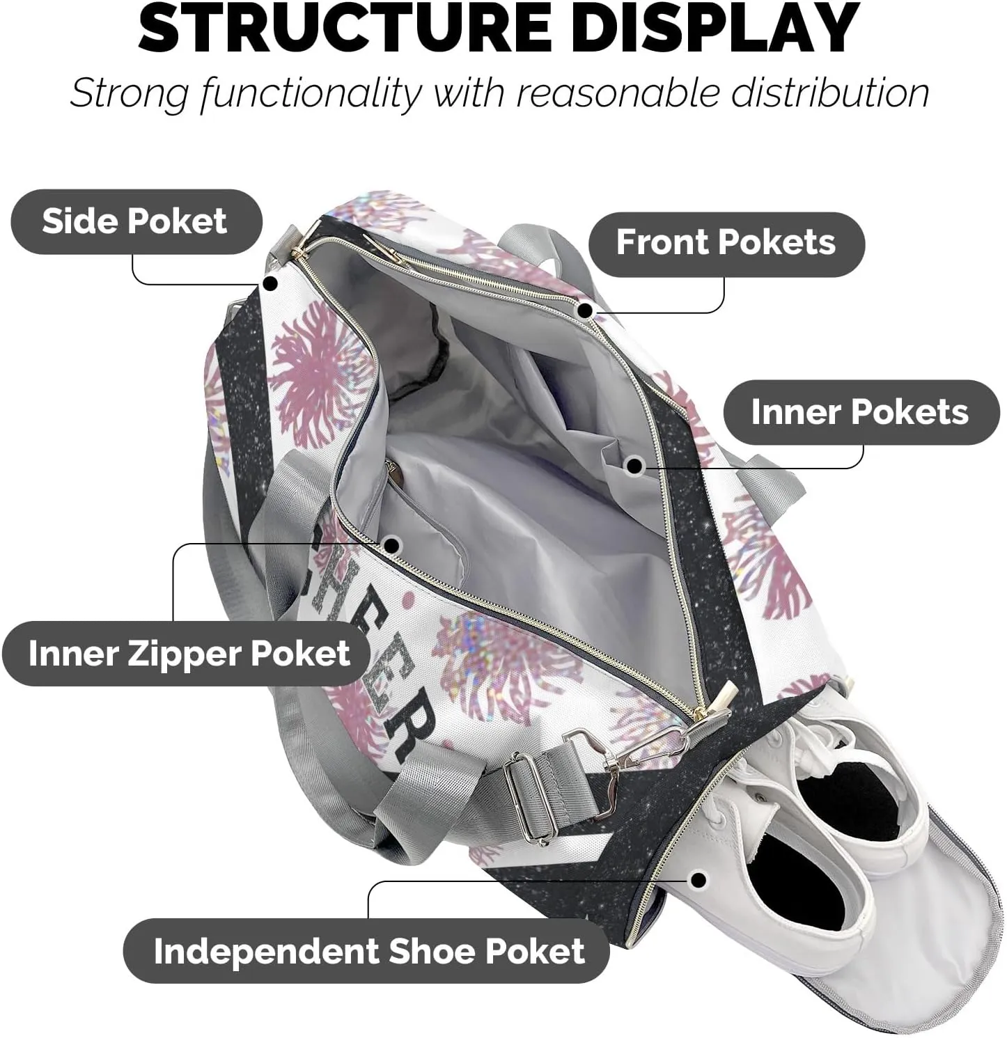 Cheer Sports Gym Duffel Bag Overnight Bag Duffle Bag Gymnastics Bag Sleepover Bag with Shoe Compartment,Cameo Brown