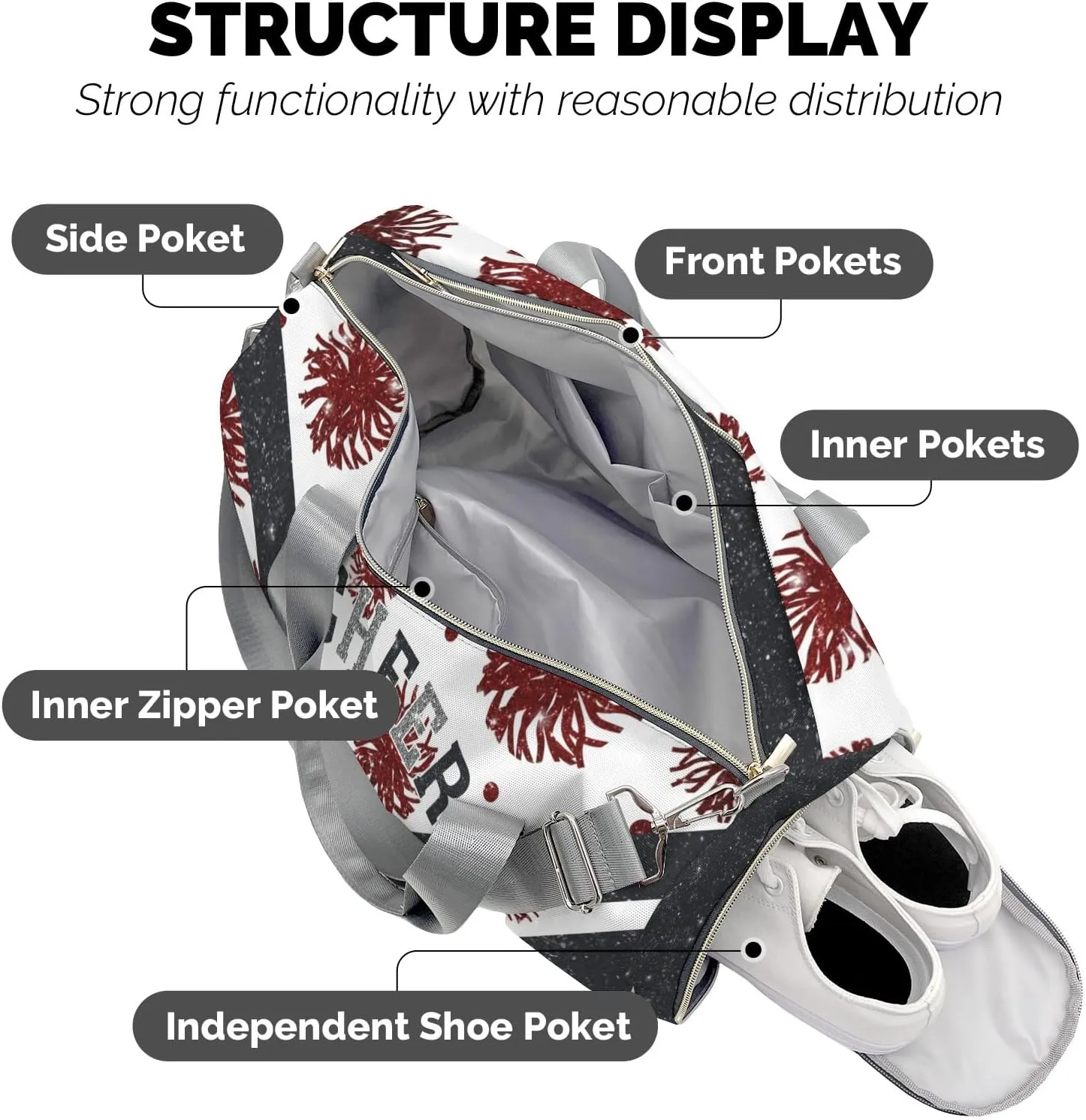 Cheer Sports Gym Duffel Bag Overnight Bag Duffle Bag Gymnastics Bag Sleepover Bag with Shoe Compartment,Crimson