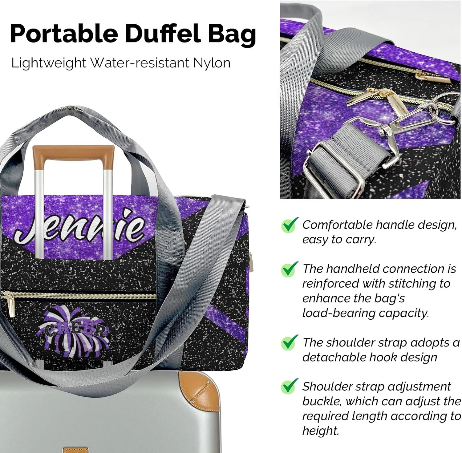 Cheerleaders Duffle Bag Teens Athletic Sport Gym Duffel Bag with Shoe Compartment Weekender Travel Bag,Bright Purple