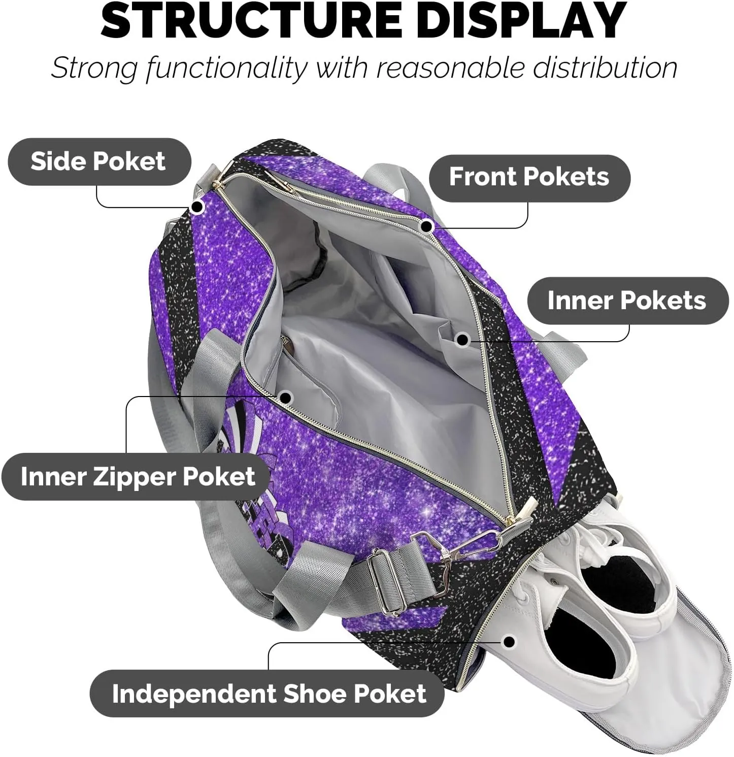 Cheerleaders Duffle Bag Teens Athletic Sport Gym Duffel Bag with Shoe Compartment Weekender Travel Bag,Bright Purple