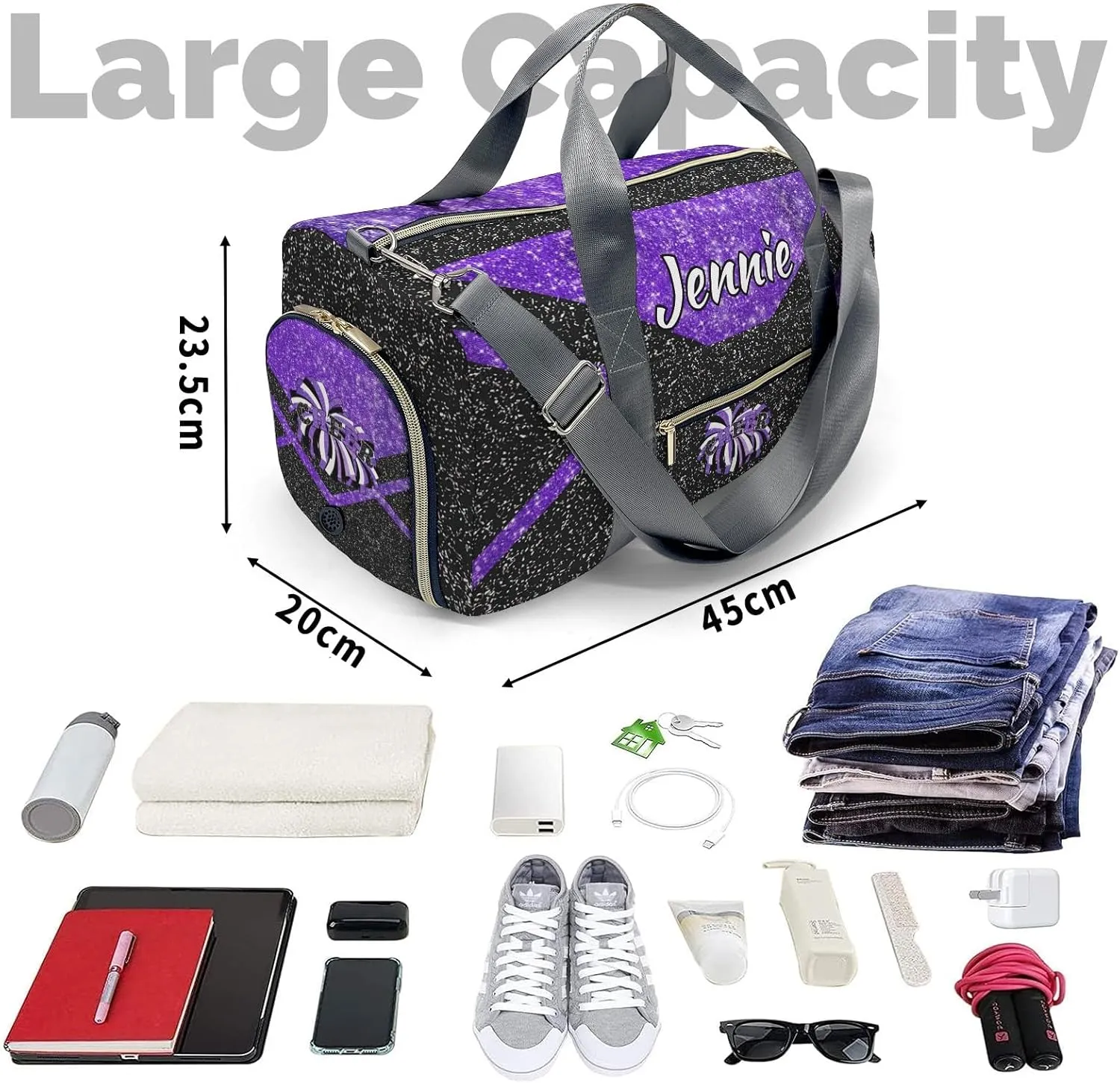 Cheerleaders Duffle Bag Teens Athletic Sport Gym Duffel Bag with Shoe Compartment Weekender Travel Bag,Bright Purple
