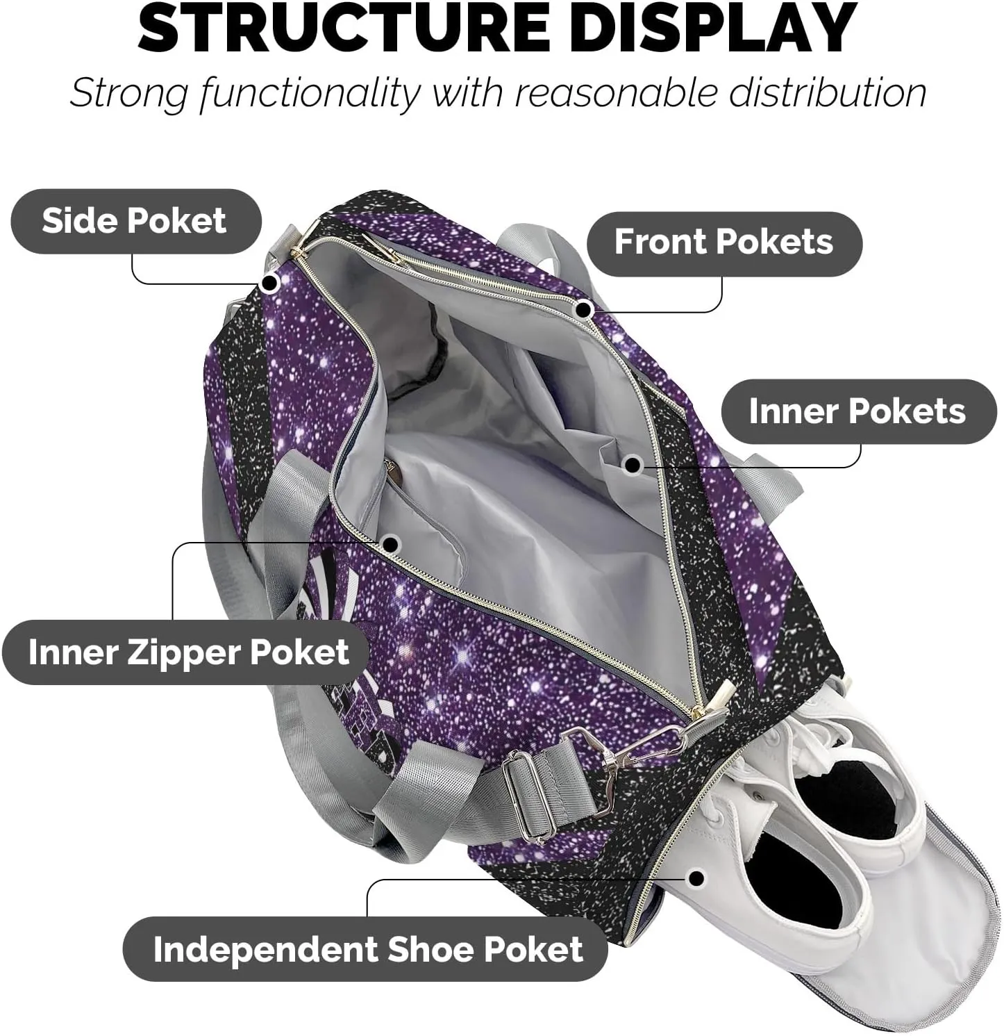 Cheerleaders Duffle Bag Teens Athletic Sport Gym Duffel Bag with Shoe Compartment Weekender Travel Bag,Dark Purple