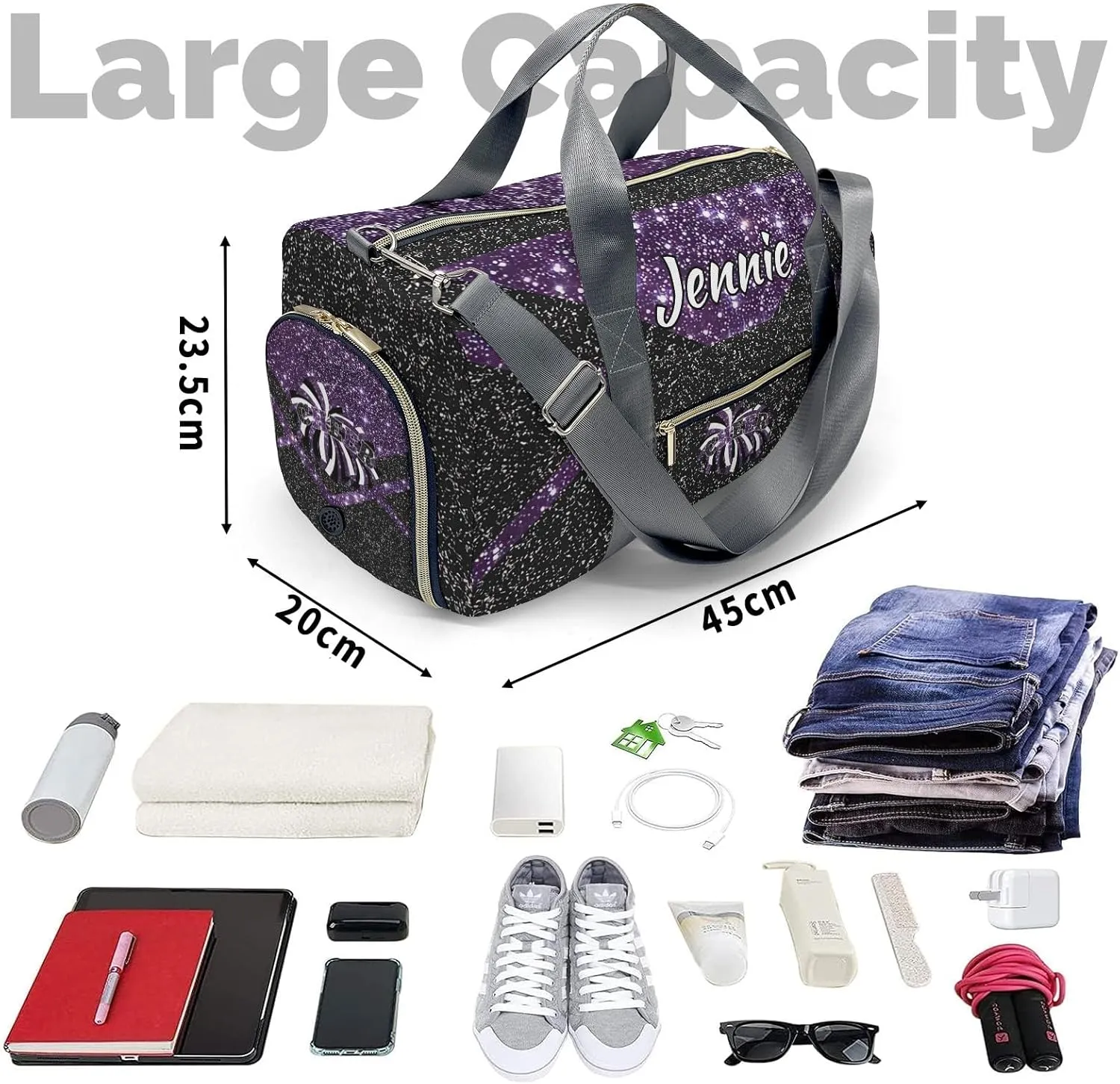 Cheerleaders Duffle Bag Teens Athletic Sport Gym Duffel Bag with Shoe Compartment Weekender Travel Bag,Dark Purple