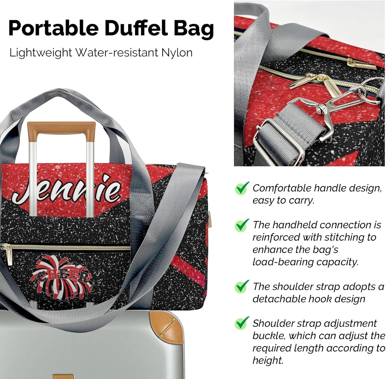 Cheerleaders Sports Gym Duffel Bag Overnight Bag Duffle Bag Teens Gymnastics Bag Sleepover Bag with Shoe Compartment,Bright Red