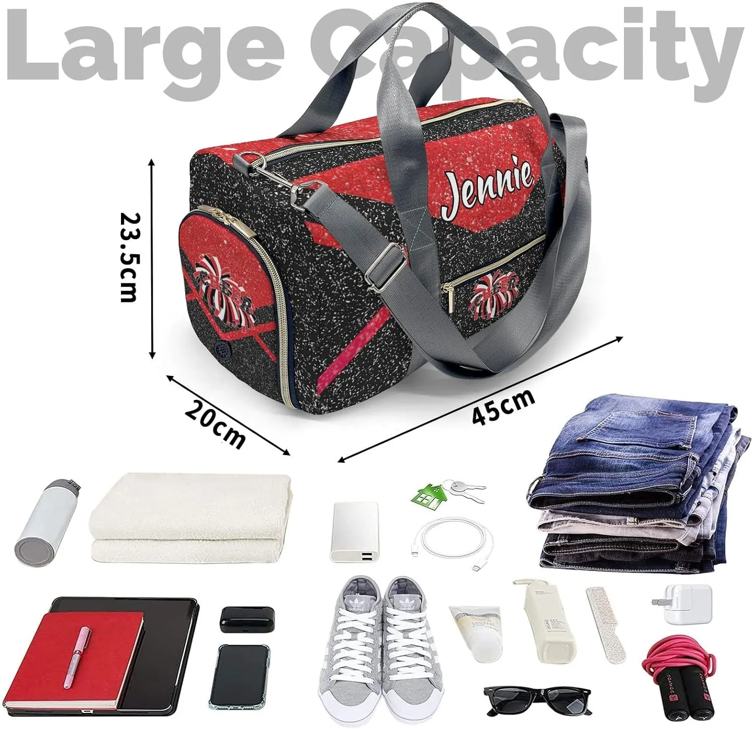 Cheerleaders Sports Gym Duffel Bag Overnight Bag Duffle Bag Teens Gymnastics Bag Sleepover Bag with Shoe Compartment,Bright Red