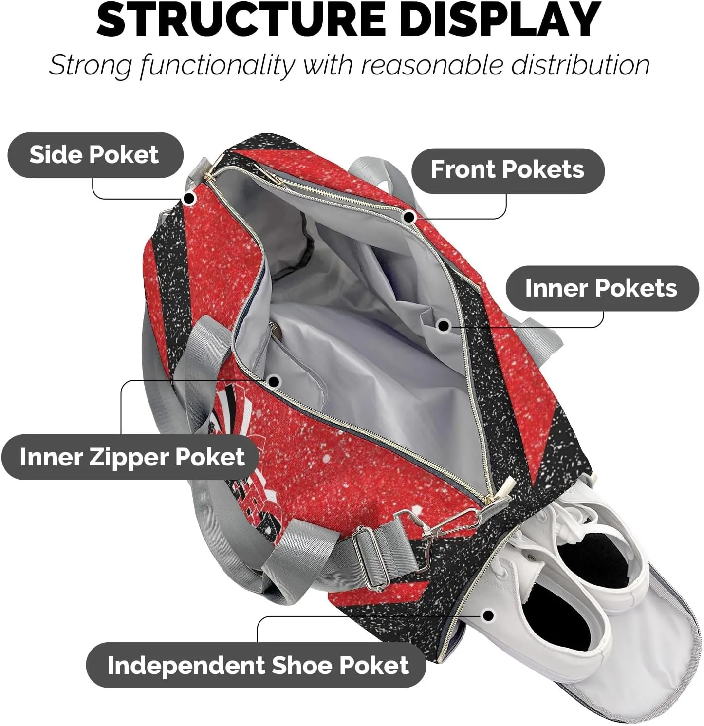 Cheerleaders Sports Gym Duffel Bag Overnight Bag Duffle Bag Teens Gymnastics Bag Sleepover Bag with Shoe Compartment,Bright Red