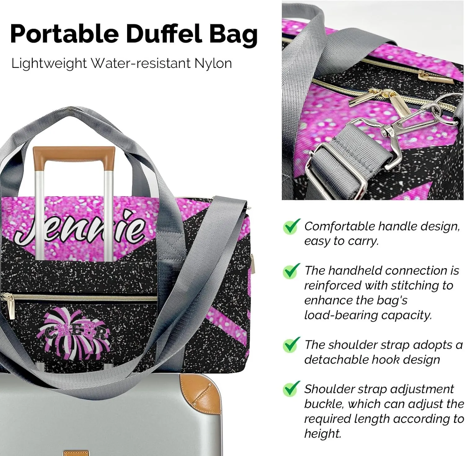 Cheerleaders Sports Gym Duffel Bag Overnight Bag Duffle Bag Teens Gymnastics Bag Sleepover Bag with Shoe Compartment,Cherry Blossom Powder