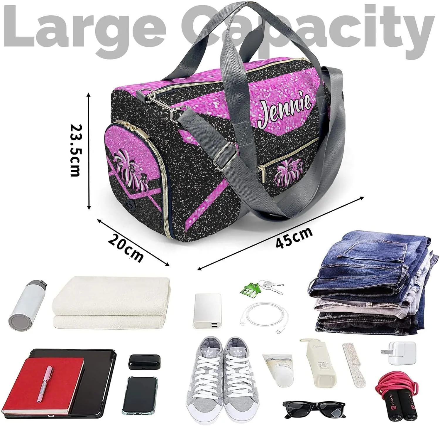 Cheerleaders Sports Gym Duffel Bag Overnight Bag Duffle Bag Teens Gymnastics Bag Sleepover Bag with Shoe Compartment,Cherry Blossom Powder