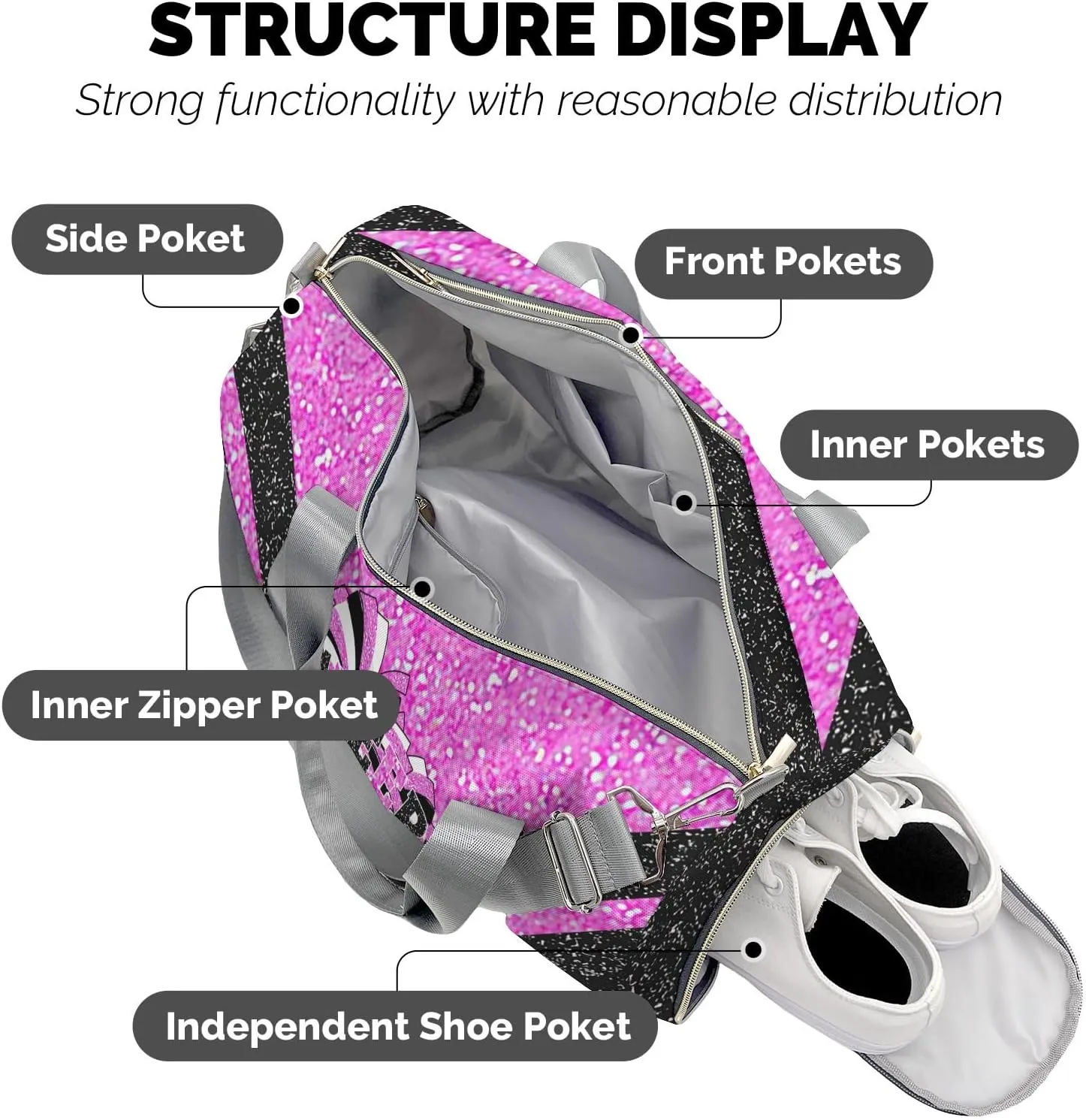 Cheerleaders Sports Gym Duffel Bag Overnight Bag Duffle Bag Teens Gymnastics Bag Sleepover Bag with Shoe Compartment,Cherry Blossom Powder
